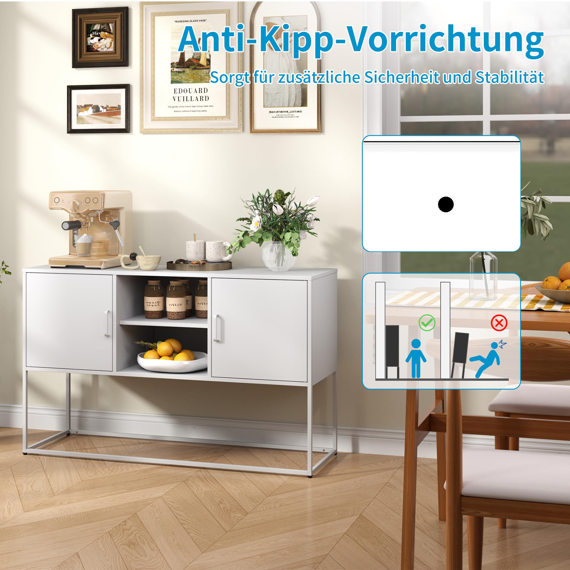Sideboard, 120 cm Breit Küchenschrank mit 2 Beweglich Regalen, Buffetschrank mit 2 Türen und offene Lagerung, Küchenbuffet für Wohnzimmer, Küche, Flur, Anti-Kipp Design(Weiß)