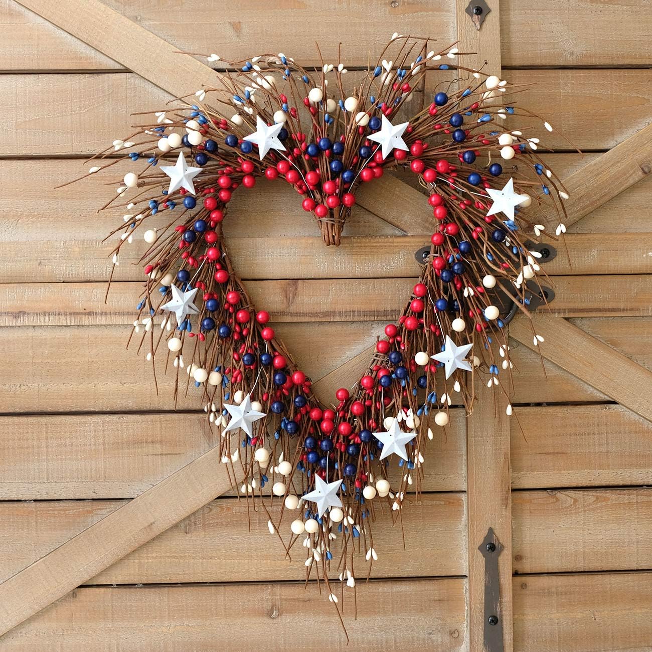 Idyllic Heart-Shaped Wreath with Red Blue Berry and White Star Americana Door Wreath 4th of July Decoration - Image 6