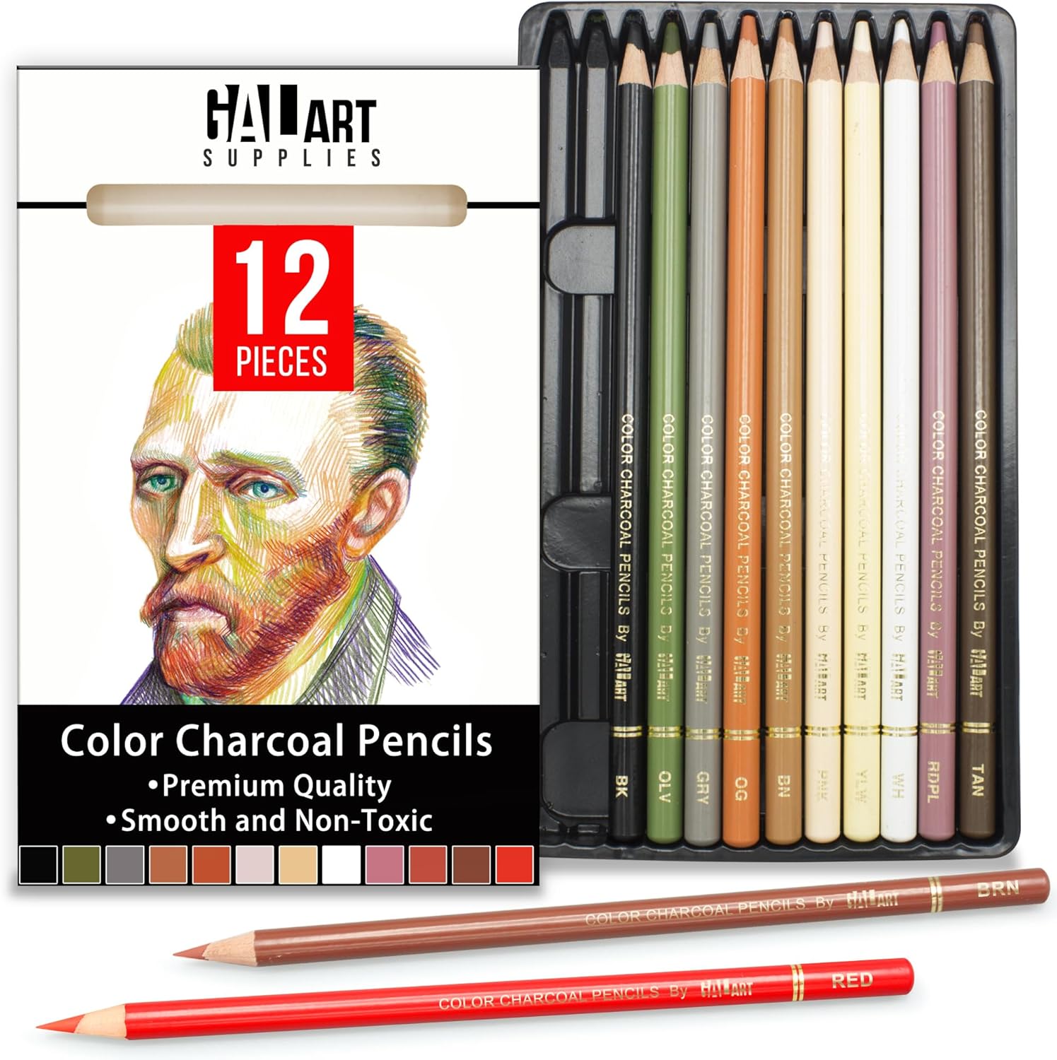 Galart Colorful Charcoal Pencils for Drawing Set 12 Pieces PreSharped Pastels