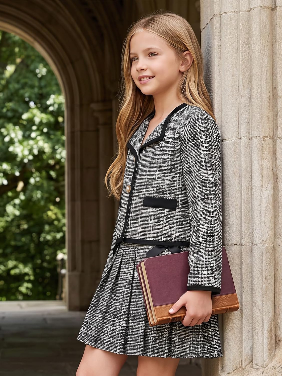 PureChapter Girls Tweed Skirt Set 2 Piece Blazer Jacket Preppy Outfit 7-14Y
