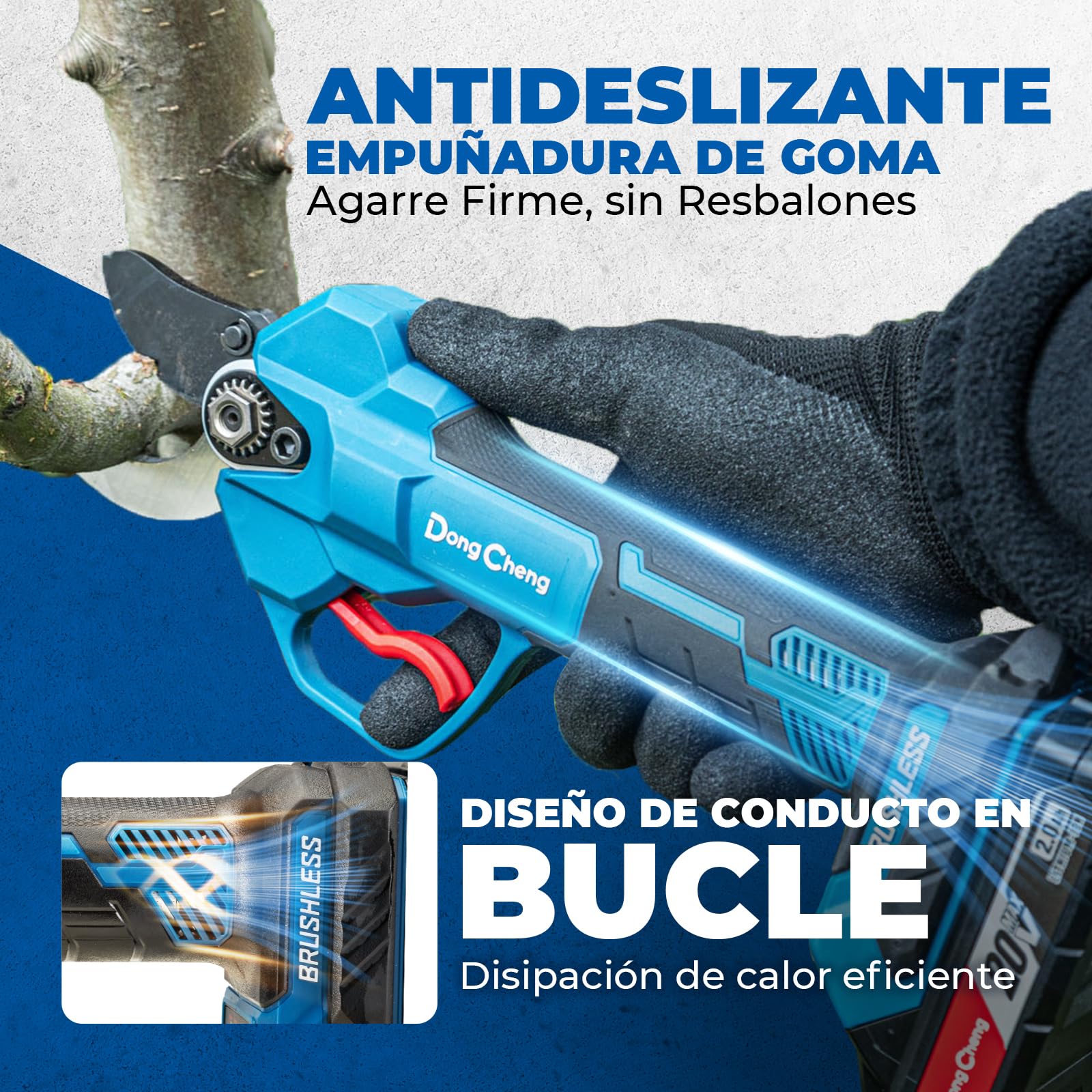 Dong Cheng Tijeras de jardín a batería de 20 V, 4 niveles de corte hasta 35 mm, motor profesional sin escobillas, 2 baterías de 2,0 Ah, cargador de 2 A, hoja SK5 – para árboles frutales, jardinería