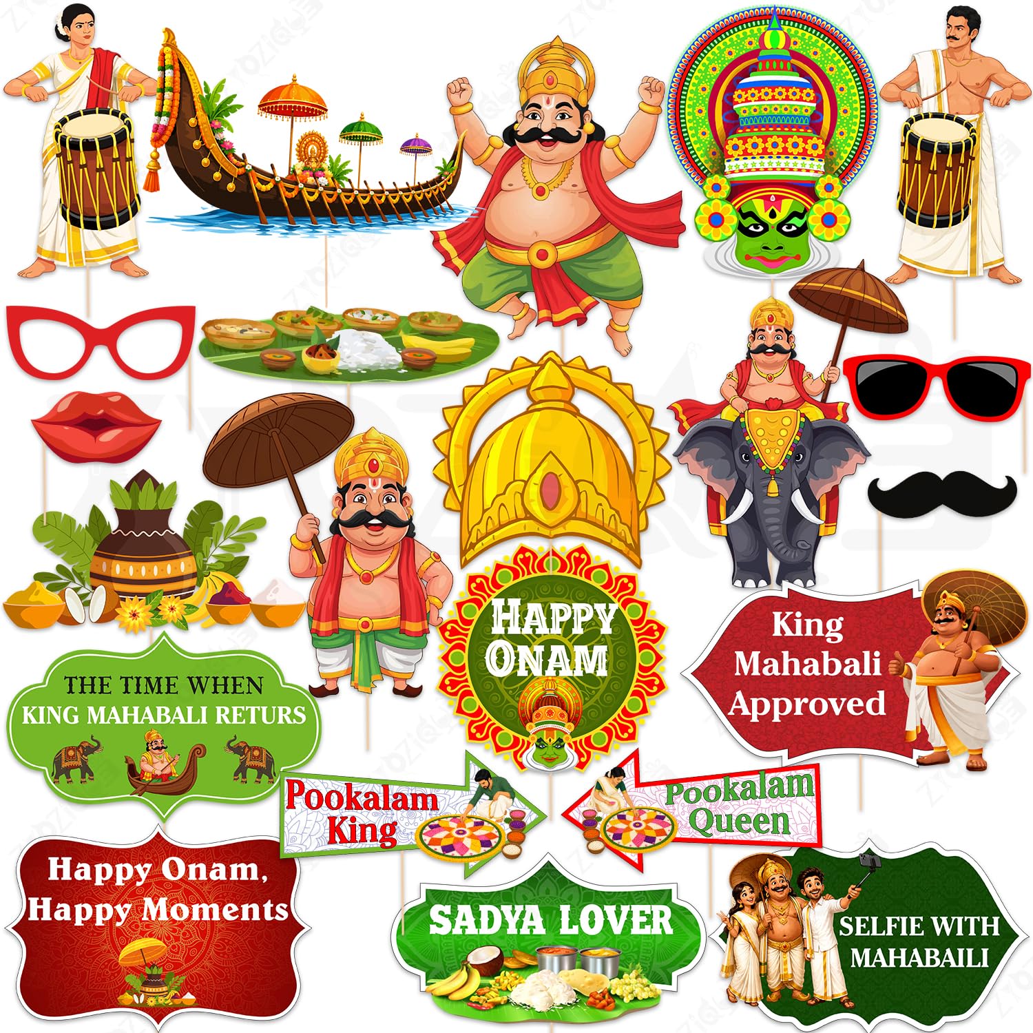 Zyozique 25 Pieces Onam PhotoBooth Props Kit | Onam Party Props with Bamboo Sticks & Glue Dots | Mahabali, Kathakali, Pookalam, Vallam Kali, Sadya Theme | Onam Festival Party-image-28