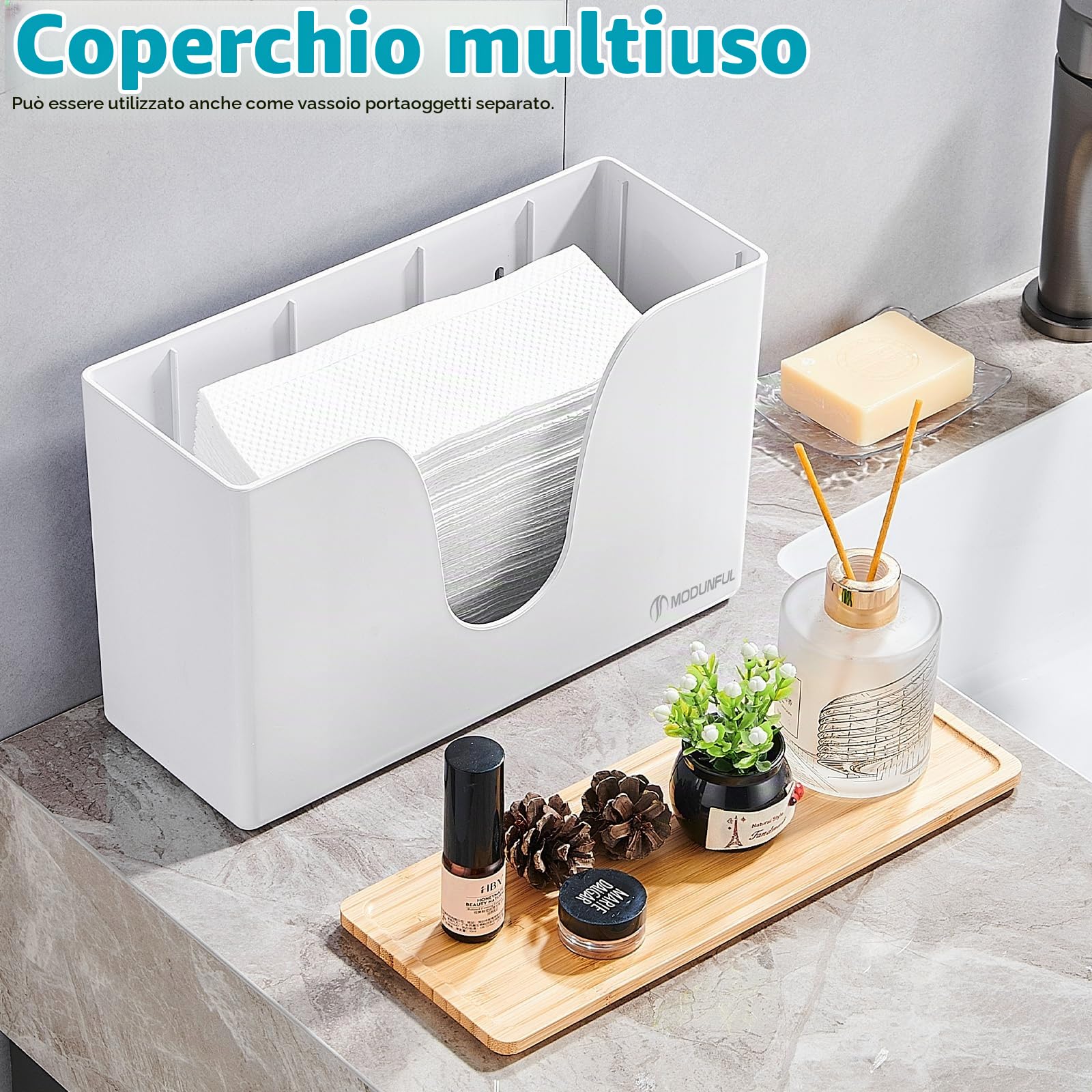 modunful Dispenser Carta Asciugamani con Coperchio in Legno, Dispenser Salviette Bagno Commerciale a Parete e Tavolo, Senza Fori, per Tovaglioli Piegati, es. H2, Bianco