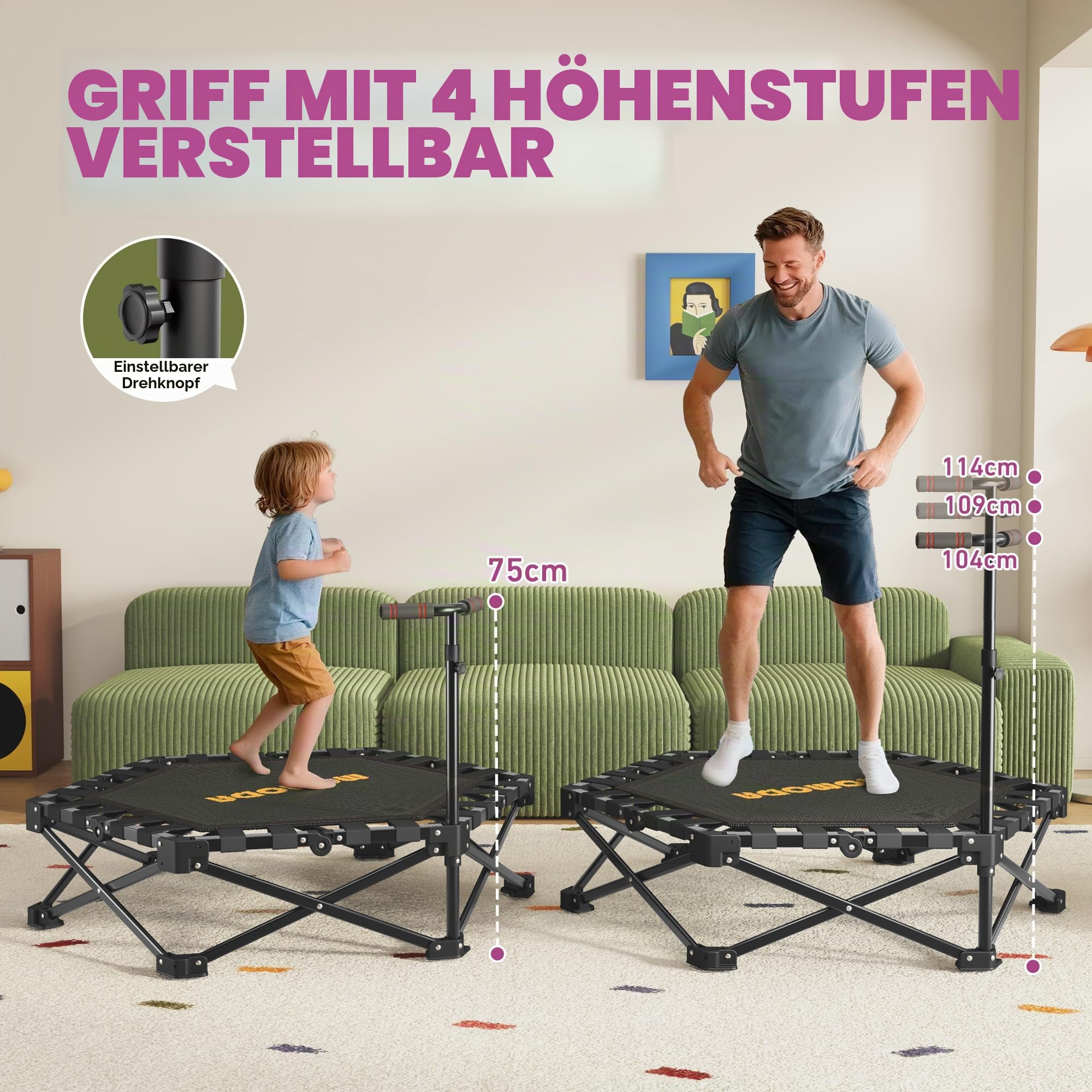 MOMODA Klappbar Fitness Trampolin Indoor mit Griff, Keine Installation Rebounder für Kinder und Erwachsene, Durchmesser 106 cm