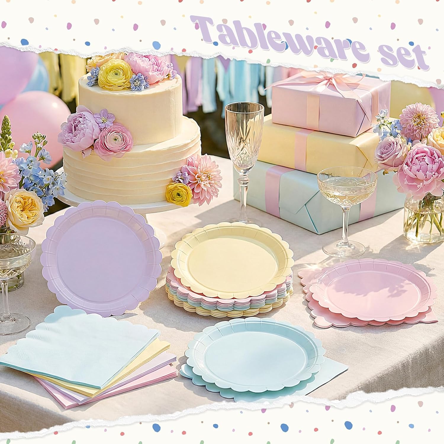 120 Pcs Pastel Paper Plates and Napkins Pastel Rainbow Party Supplies Bulk Disposable 7 Inch Scalloped Plates Cocktail Napkins for Colored Easter Wedding Bridal Baby Shower Birthday, Serve 60