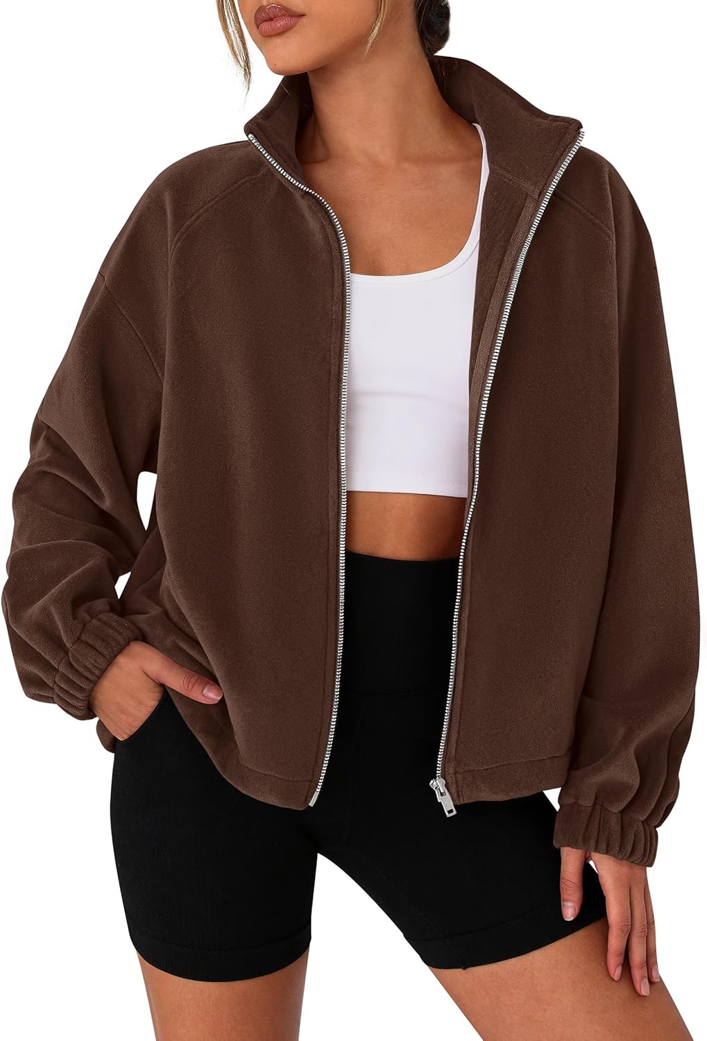 PRETTYGARDEN Womens 2025 Winter Fleece Sherpa Jacket Trendy Long Sleeve Zip Up Cropped Warm Coat Fall Fashion Workout Clothes