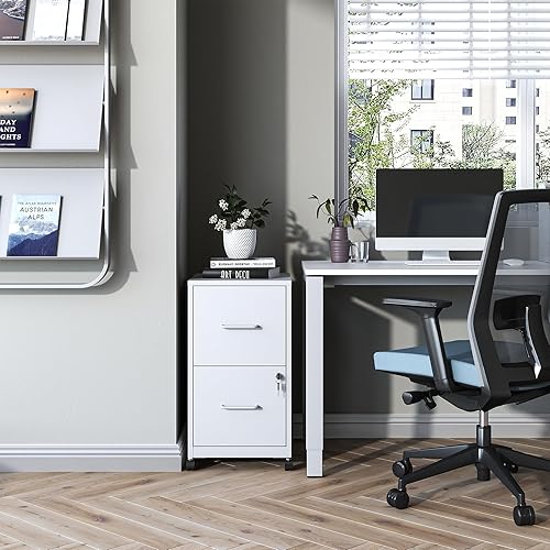 Vista 23 de Archivador móvil de 2 cajones, archivador de metal debajo del escritorio con cerradura y ruedas, archivador rodante para oficina en casa para Negro