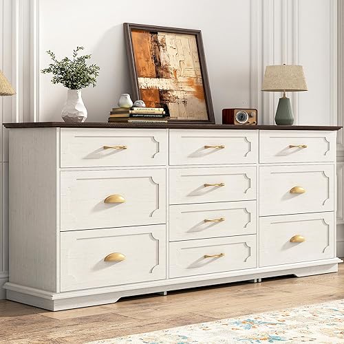 70inch Large Long Dresser w/Charging Station,10 Drawer Dresser w/Deep Big Drawers,Wooden Chest of Drawers w/Power Outlet,White Dressers for Bedroom,Living Room,Entryway