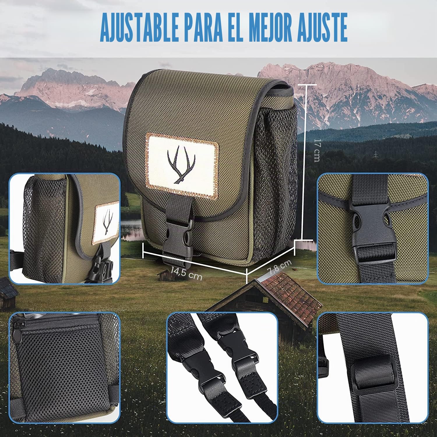 SOLOMARK Bolsa de Arnés para Prismáticos Con Correas Ajustables, Bolsillo Con Hebilla, Adaptador de Smartphone y Accesorios Adicionales - Verde