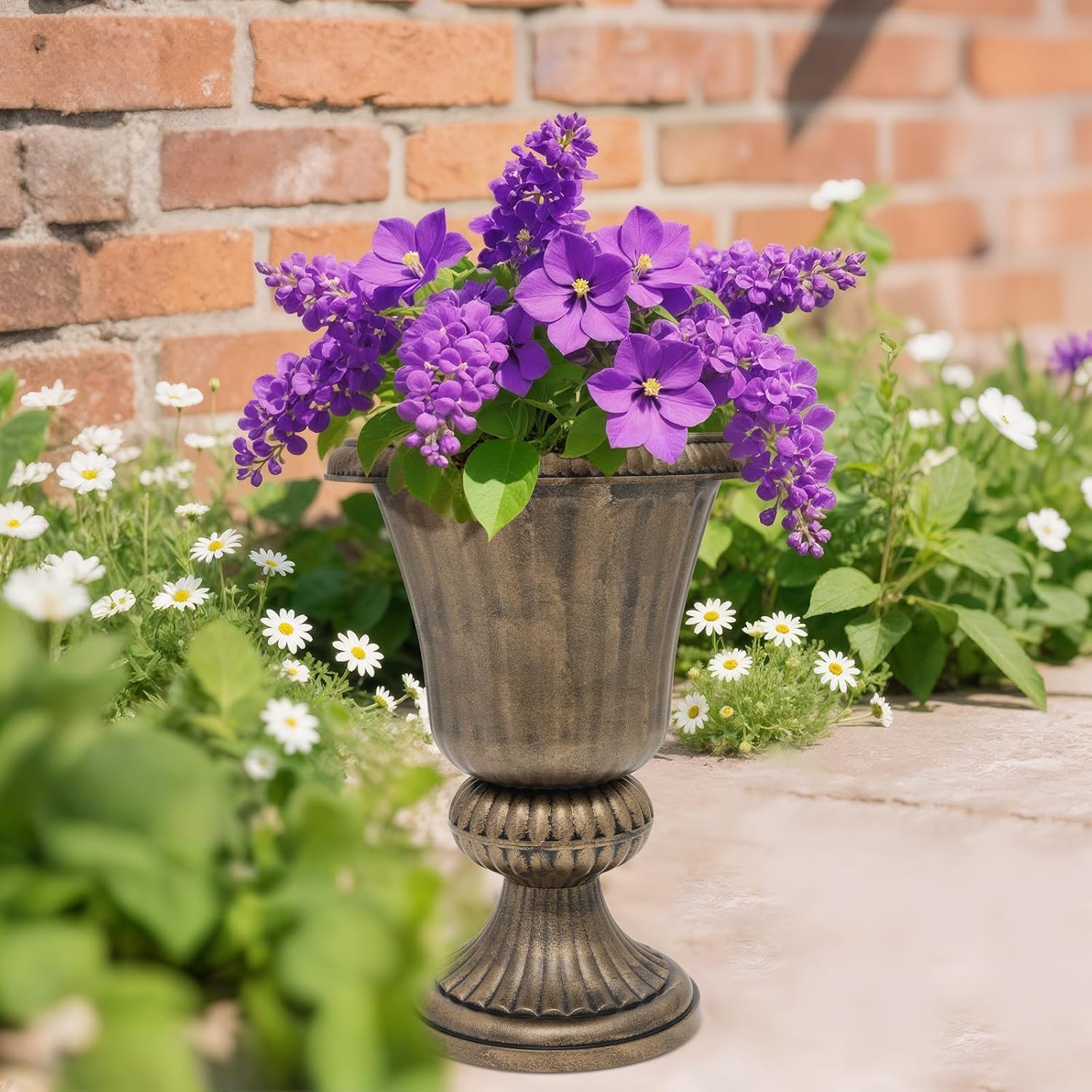 MoNiBloom 20-Inch Plastic Urn Planter Vase Set of 2, for Outdoor Indoor Plants Garden Patio Vintage Decorative Wedding Pedestal Roman Flower Pot Decoration Retro Home Front Porch Door Decor (Brass)