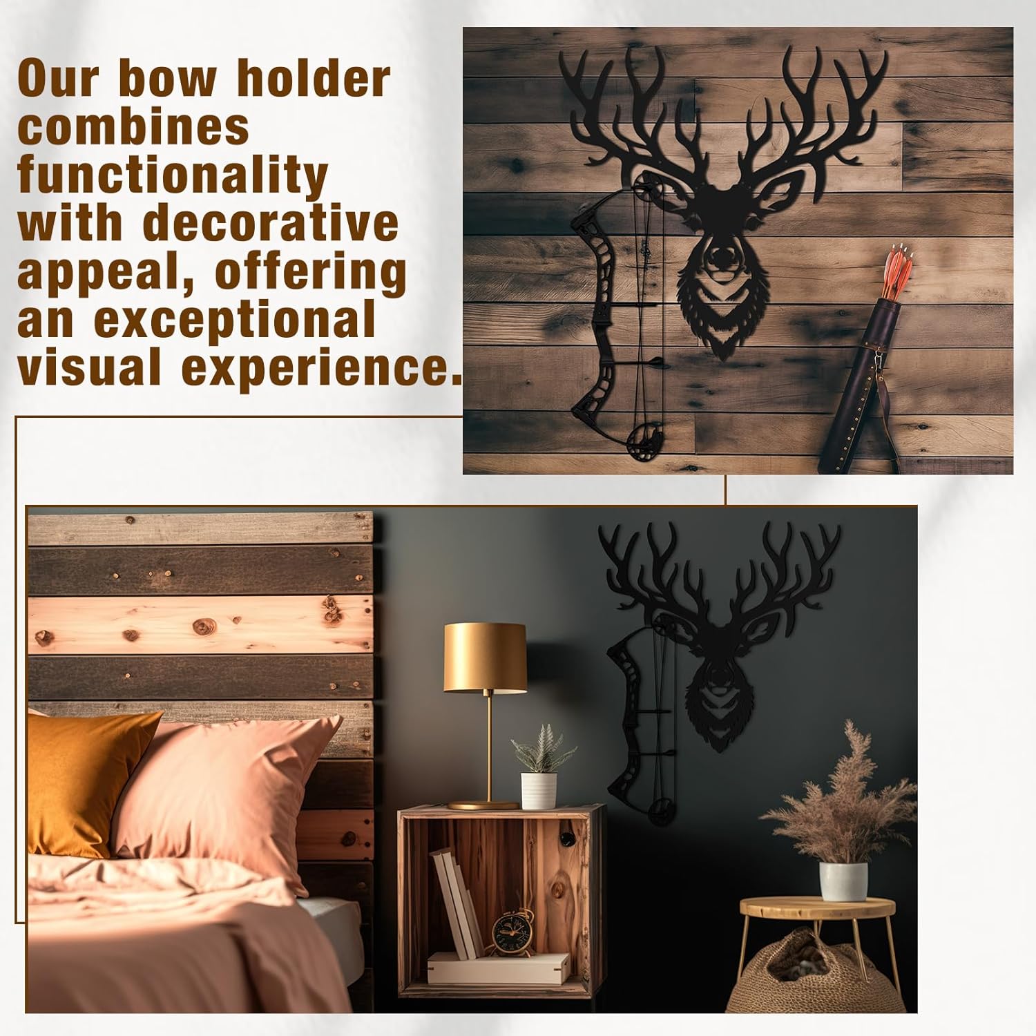 Deer Skull Bow Rack Wall Mount Iron Archery Bow Holder Stand Decorative Rustic Wall Display Hanger for Hunting Home Decor Hunter(Silhouette Style)
