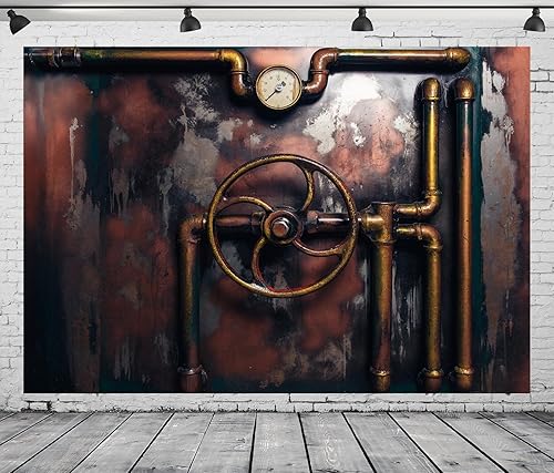 Miniatura 3 de BELECO Telón de fondo de fotografía Steampunk retro oxidado, de 10 x 8 pies, tuberías de vapor de metal antiguo, medidor de presión, fondo de
