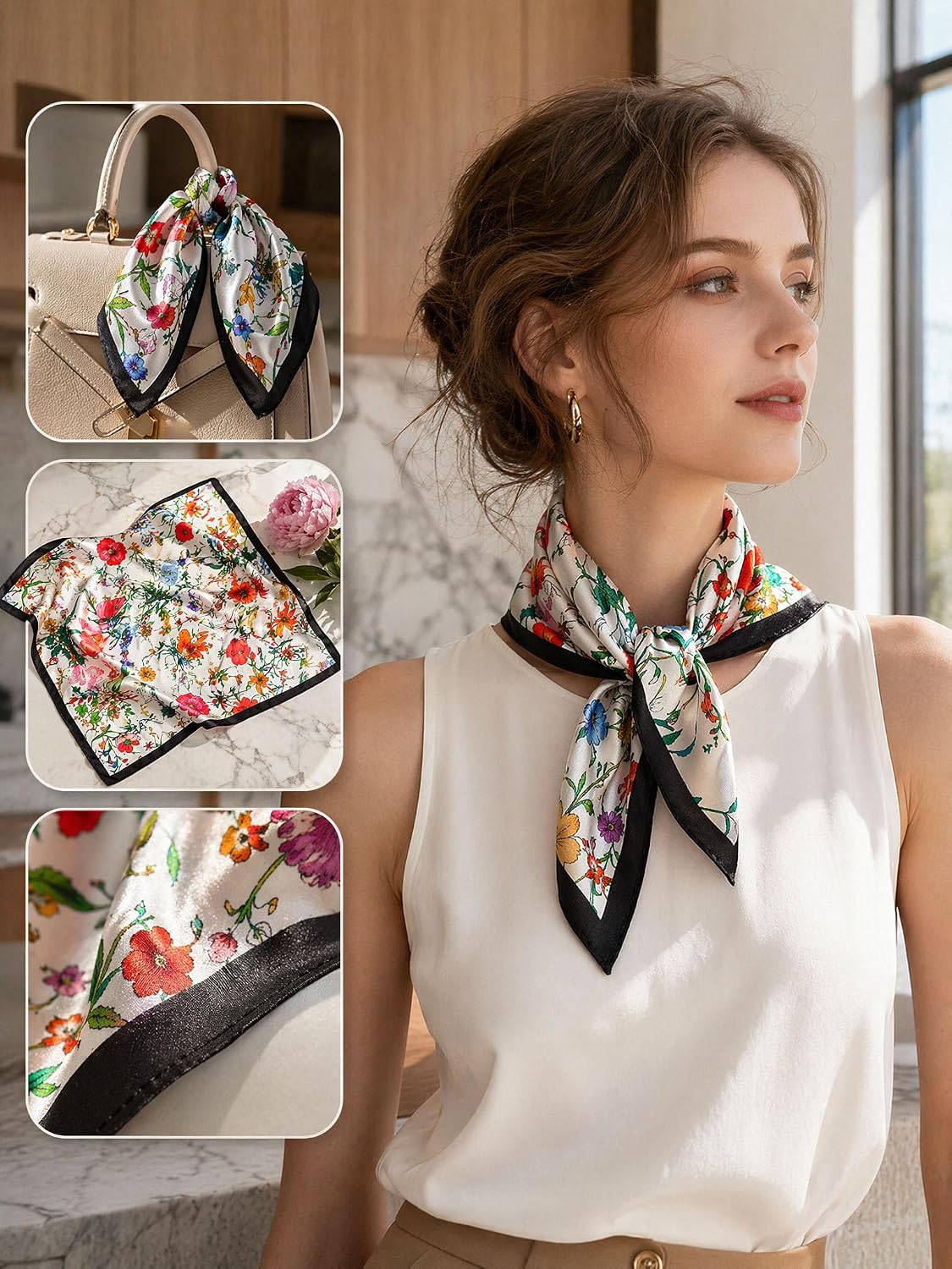 100% Mulberry Silk Scarf for Women Lightweight 21" Small Square Neck Scarf Headscarf Neckerchief Gift Packed image 2