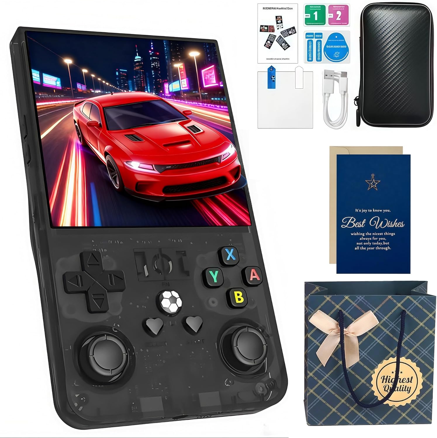 MYCHA R36MAX Retro Handheld Game Console Holiday Set with Accessory Kit - 4 Inch HD Screen, 128GB 21000 Classic Games, Portable Gaming for Adults (Black)