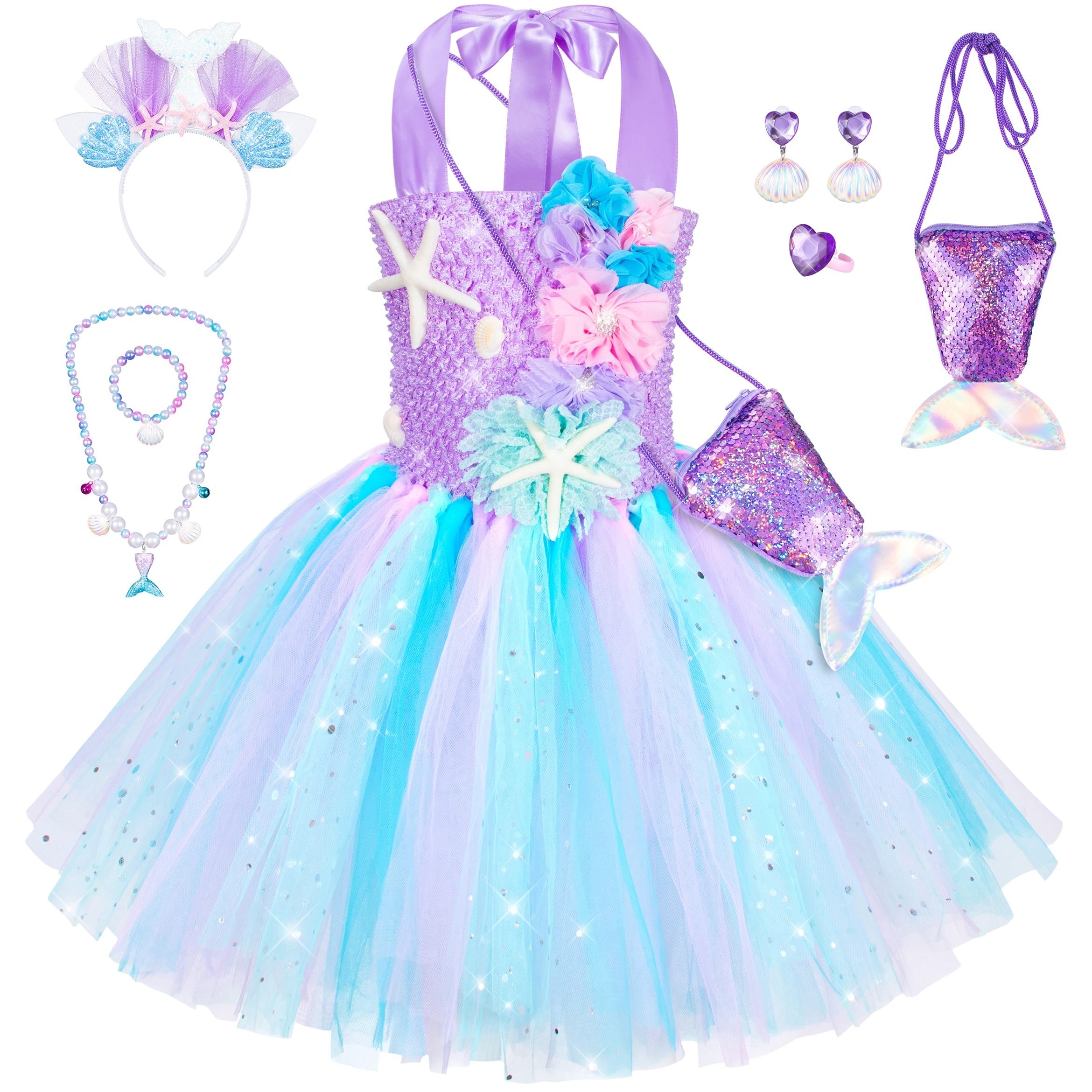 Topney Little Mermaid Tutu Dress for Girls - Princess Mermaid Ariel Costume with Accessories
