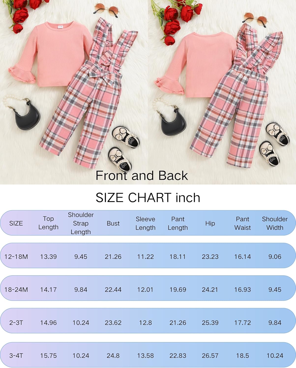 Renotemy Toddler Baby Girl Clothes Fall Winter Overalls Jumpsuit Ribbed Knit Sweater Plaid Suspender Pant 2PCS Outfits 12M-4T - Image 4