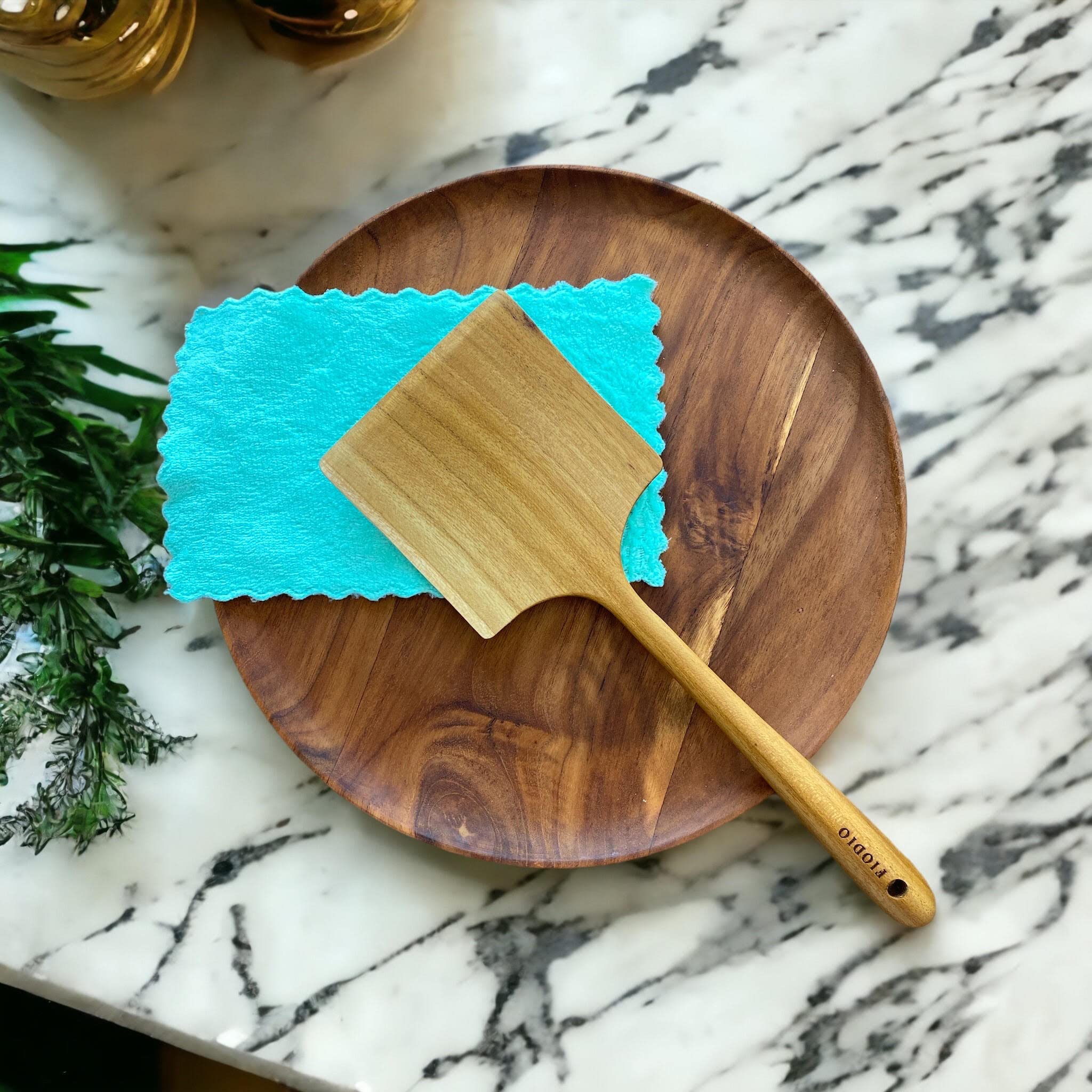 Fiodio Home Teak Wide Wooden Spatula with Microfiber Cloth - Natural Non-Stick Healthy Kitchen Utensils - Handcrafted with Comfort Grip