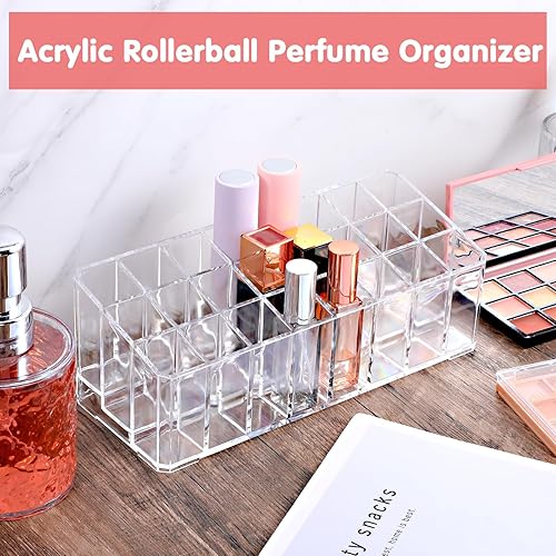 Miniatura 3 de mekueeex Organizador de perfumes Rollerball, 2 unidades, 48 espacios, soporte de almacenamiento de perfume acrílico transparente, soporte de aroma