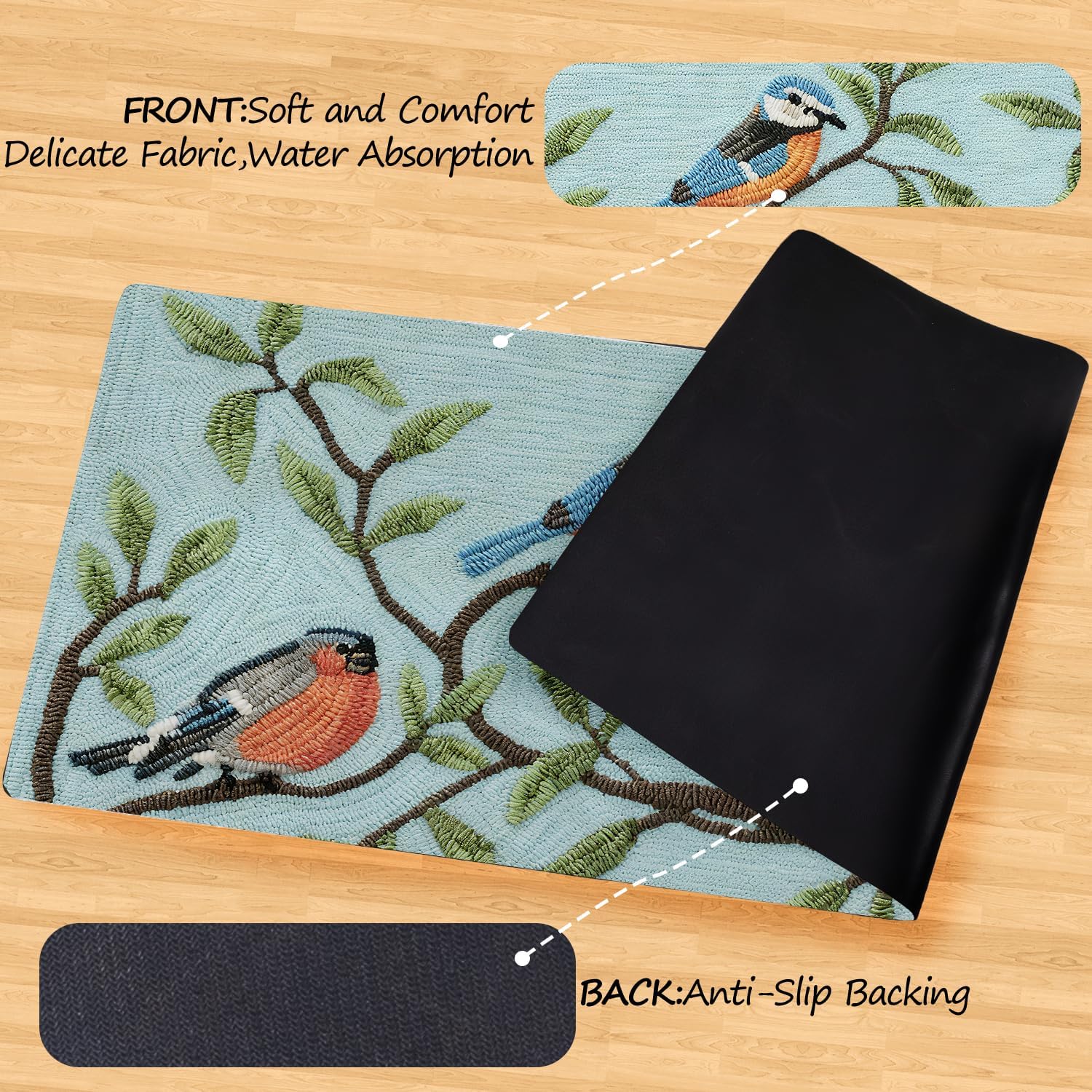 ANNA QUEEN Bird Embroidery Laundry Room Rug Runner 20x47 Inch - Waterproof Non-Slip Floor Mat for Front Load Washer Dryer, Blue Red Floral Cottage Decor, Machine Washable