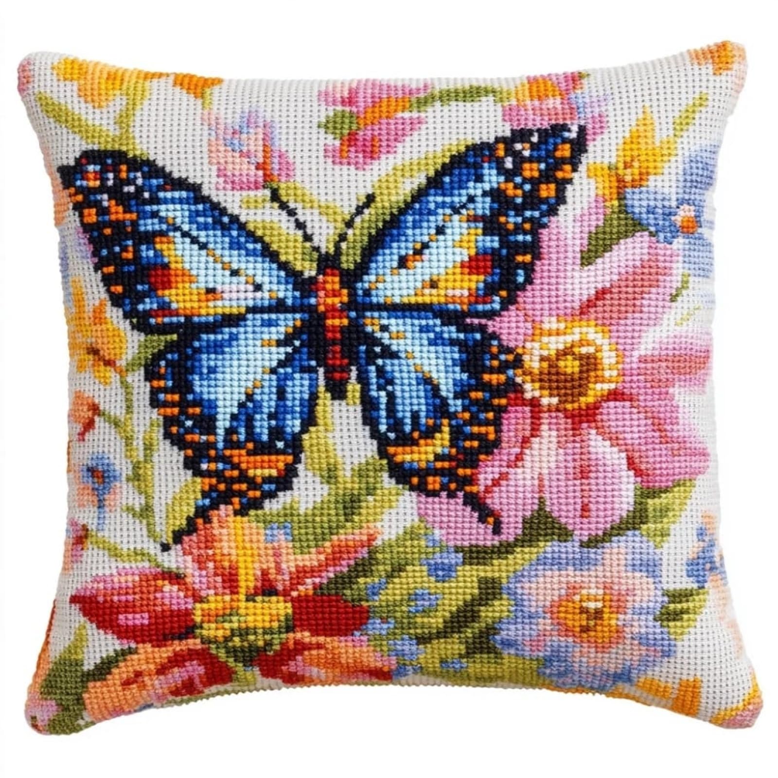 WallustrioaW DIY Embroidery Cross Stitch Cushion Kit,Butterflies and Flowers,Tapestry Pillow kit 45x45cm Stitch Set for Living Room Sewing Supplies Adults Beginners Gift