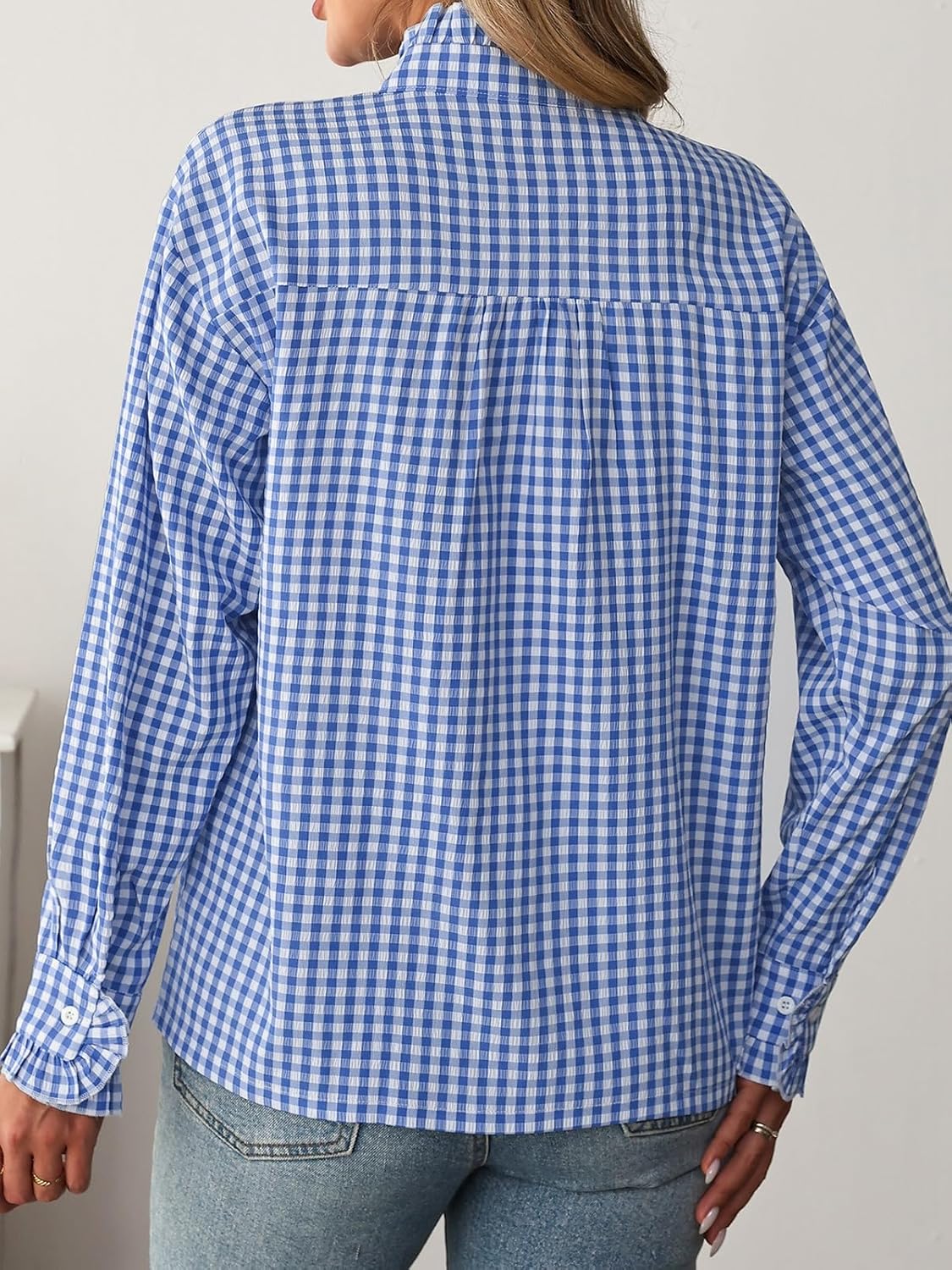 Womens Plaid Ruffle V Neck Button Down Shirt Long Sleeve Gingham Trendy Blouse Business Workwear Checkered Tops - Image 6