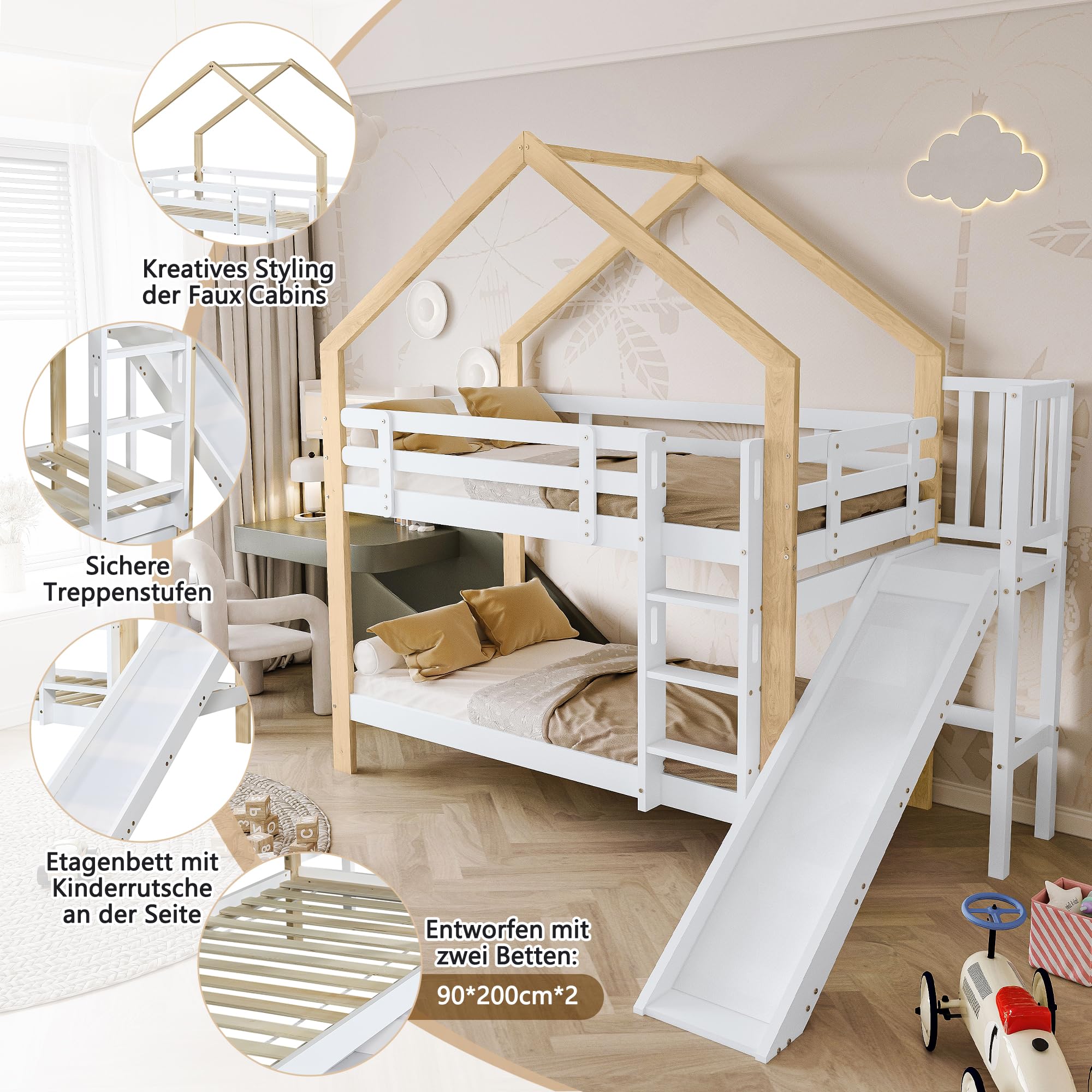 Letto a castello con scivolo e scaletta angolare a tre gradini, letto a casetta con protezione anticaduta, lettino per bambini, telaio letto in legno massello, bianco+naturale, 90x200 cm