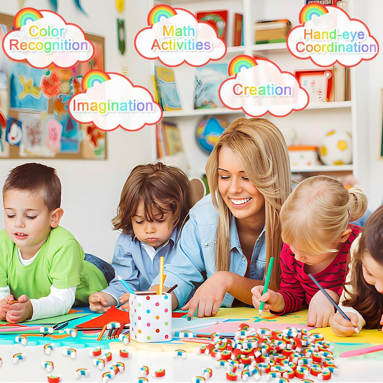 JUNEBRUSHS 150Pcs Rainbow mini Erasers, St. Patrick's Mini Erasers Cute Pencil Erasers for Kids Bulk School Classroom Prizes Gifts Homework Rewards Party Favors image 4