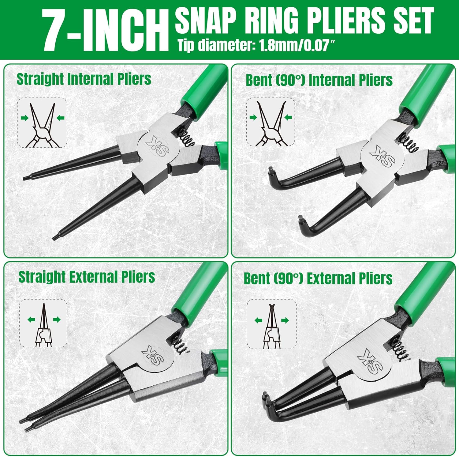 SK 4-Piece Snap Ring Pliers Set, 7-Inch Internal/External Circlip Pliers with Straight/Bent Jaw, Tip Diameter 0.07'', Premium CR-V Steel