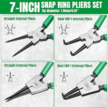 SK 4-Piece Snap Ring Pliers Set, 7-Inch Internal/External Circlip Pliers with Straight/Bent Jaw, 0.07'' Tip Diameter, Premium CR-V Steel, with Zipper Pouch