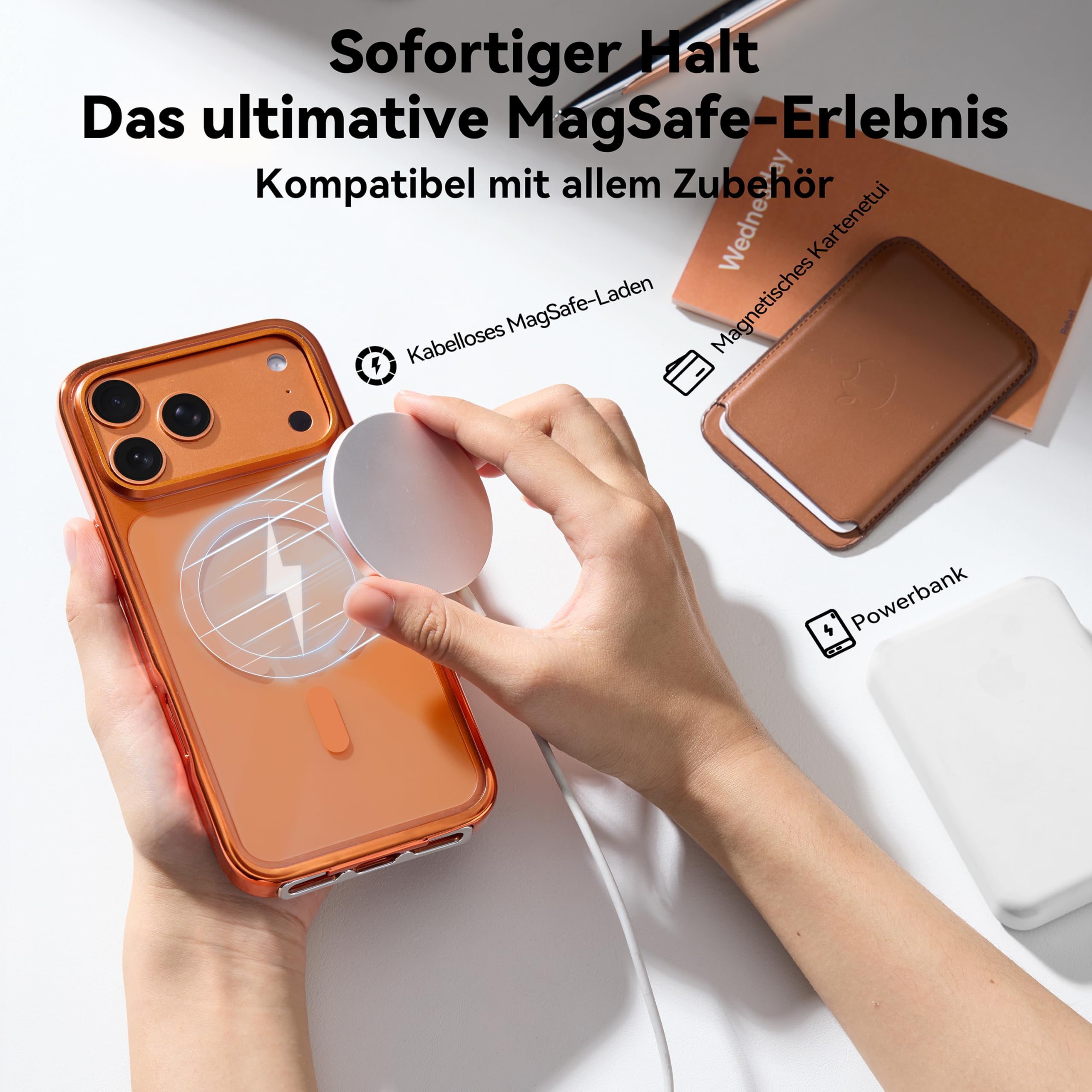 CASEKOO Linkoo iPhone 17 Pro Max Hülle mit Handykette, MagSafe Handyhülle mit ClipSafe Klapp-Clip + Luxury Handyband zum Umhängen, 3-in-1 Anti-Verlust Lanyard, Orange