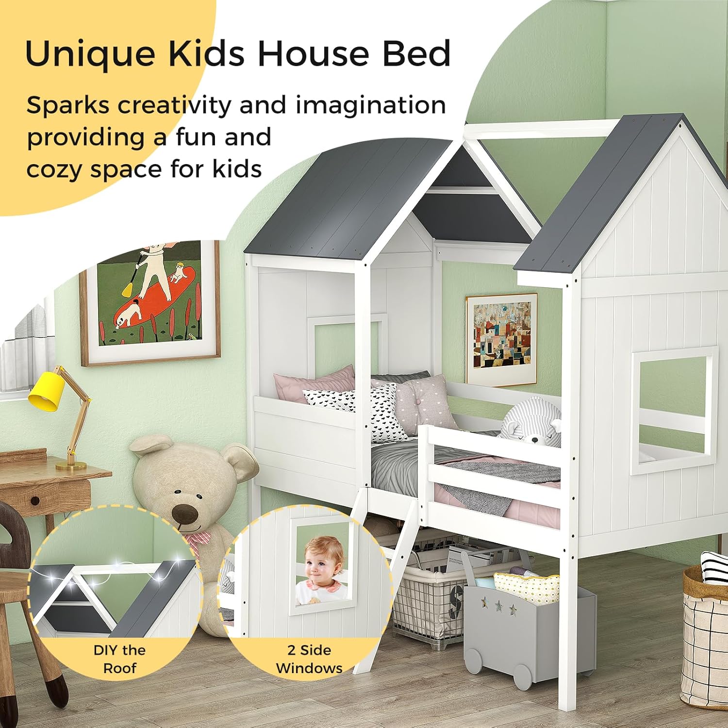 KOMFOTT Twin House Bed, Wood Kid’s Low Loft Bed Frame with Guardrails, Ladders & Storage Space, Wooden Playhouse Bed Frame with Windows & Roof for Boys and Girls, No Box Spring Needed (White)