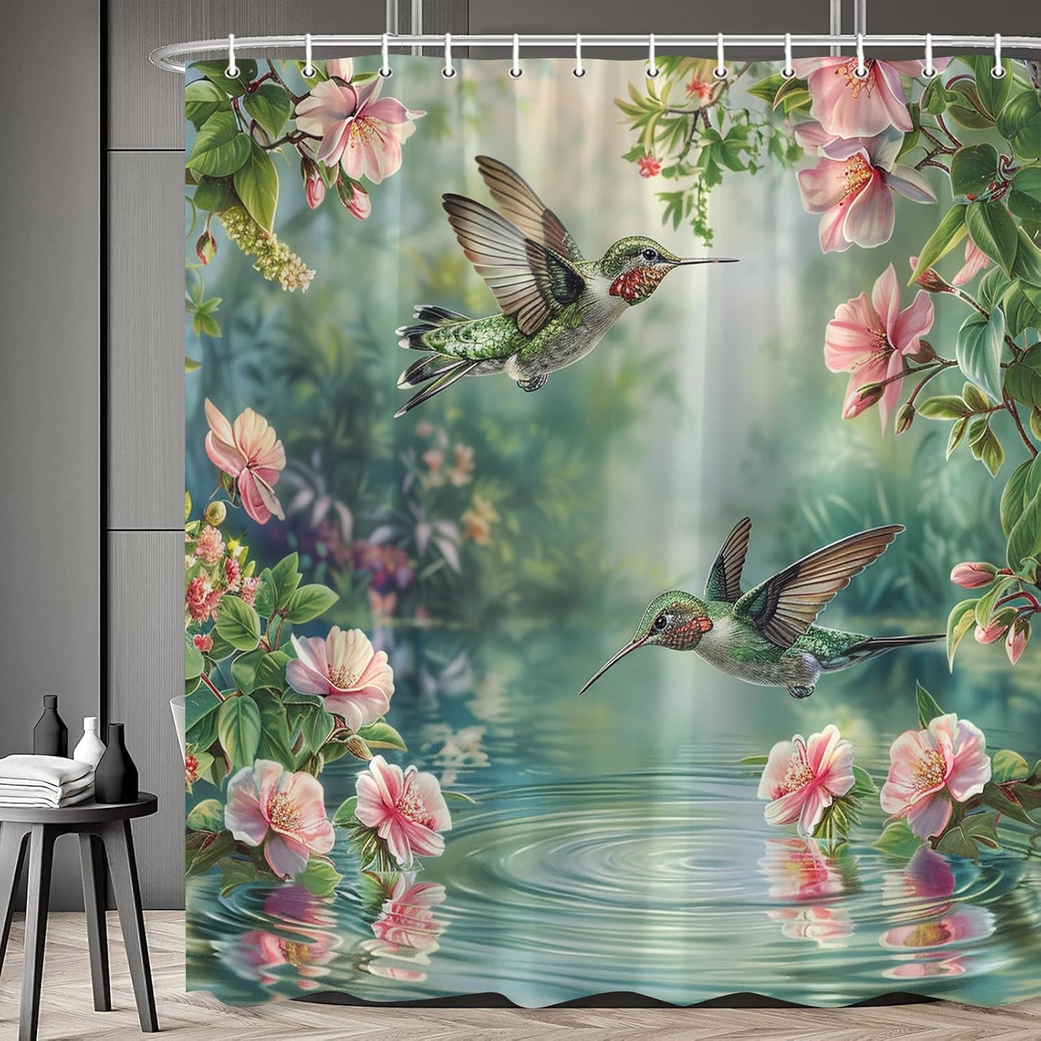 Floral Green Leaf Lovely Hummingbird Shower Curtain Animal Bird Pretty Flower Water Scenery Plant Spring Summer Watercolor Bathroom Decoration Polyester Waterproof with Hooks 108 x 70 in
