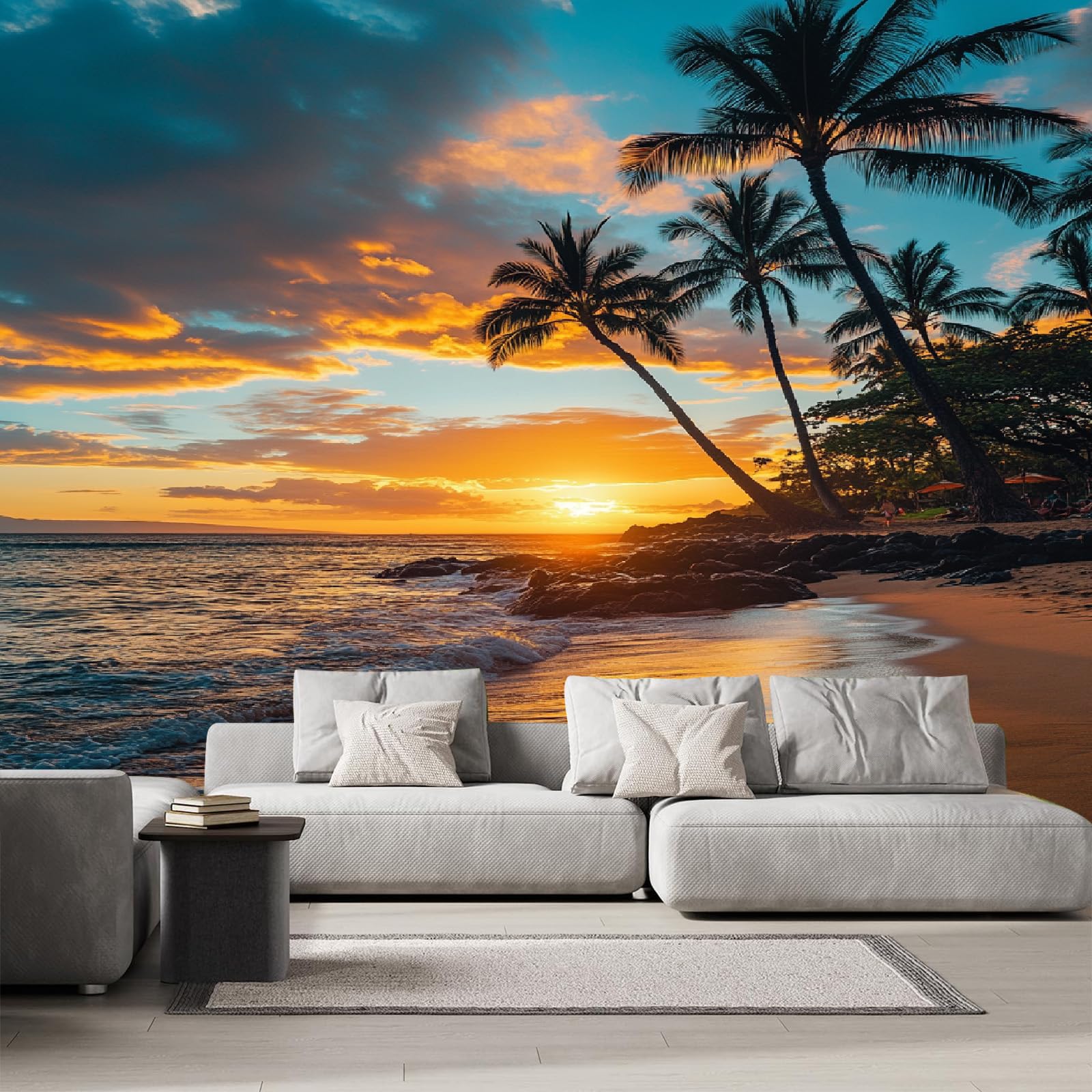 Papier peint panoramique 3D pour agrandir un salon sombre avec un coucher de soleil mural