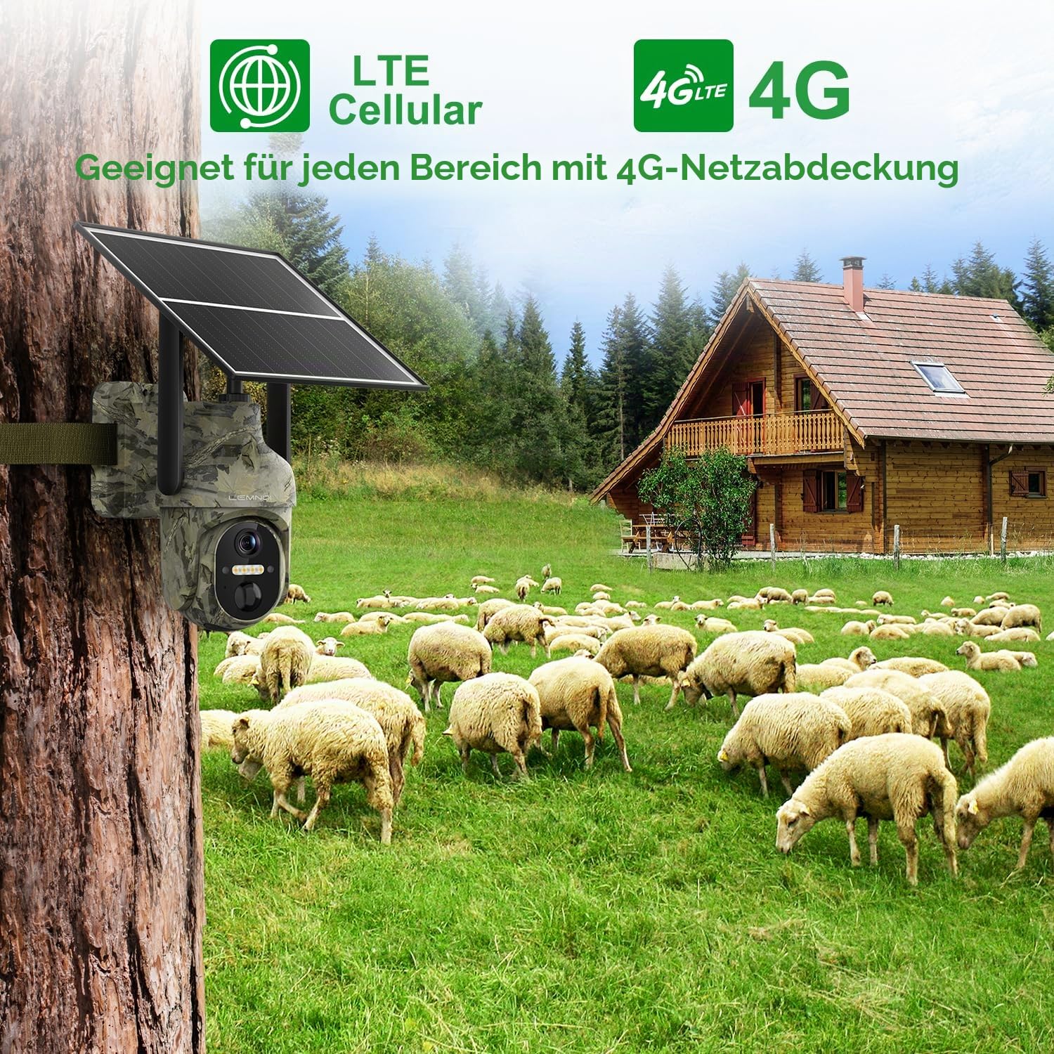 Lemnoi 4G LTE Solar Wildkamera mit Bewegungsmelder, Akku Wildkamera mit SIM Karte Preinstalliert und SD Karte, 2K Überwachungskamera Aussen mit Farbnachtsicht, PIR Erkennung,Wasserdicht (Tarnung)
