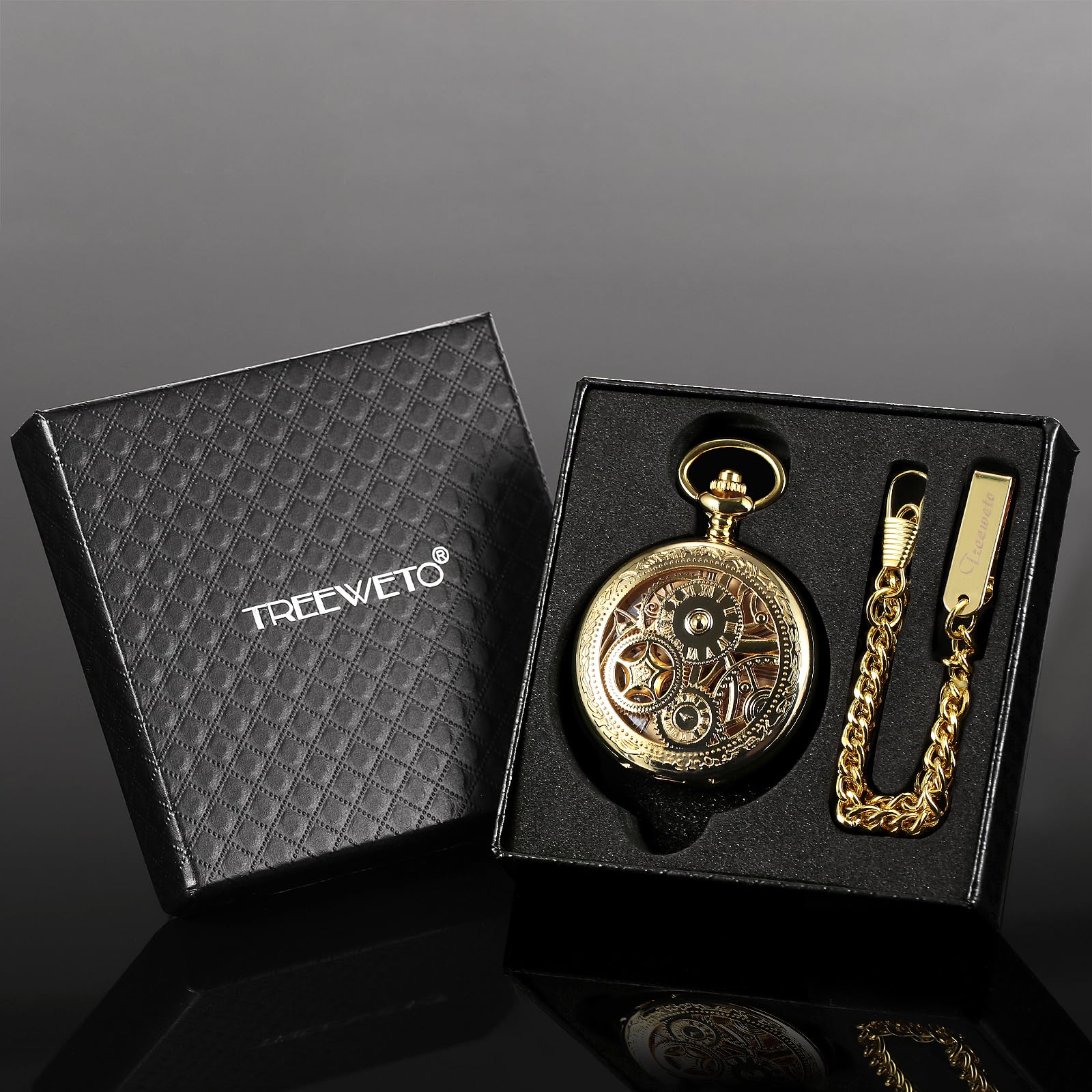 TREEWETO Reloj de bolsillo para hombre con cadena, diseño de transmisión retro, doble tapa, reloj de cadena mecánico antiguo, números romanos para padre, abuelo, cumpleaños, aniversario