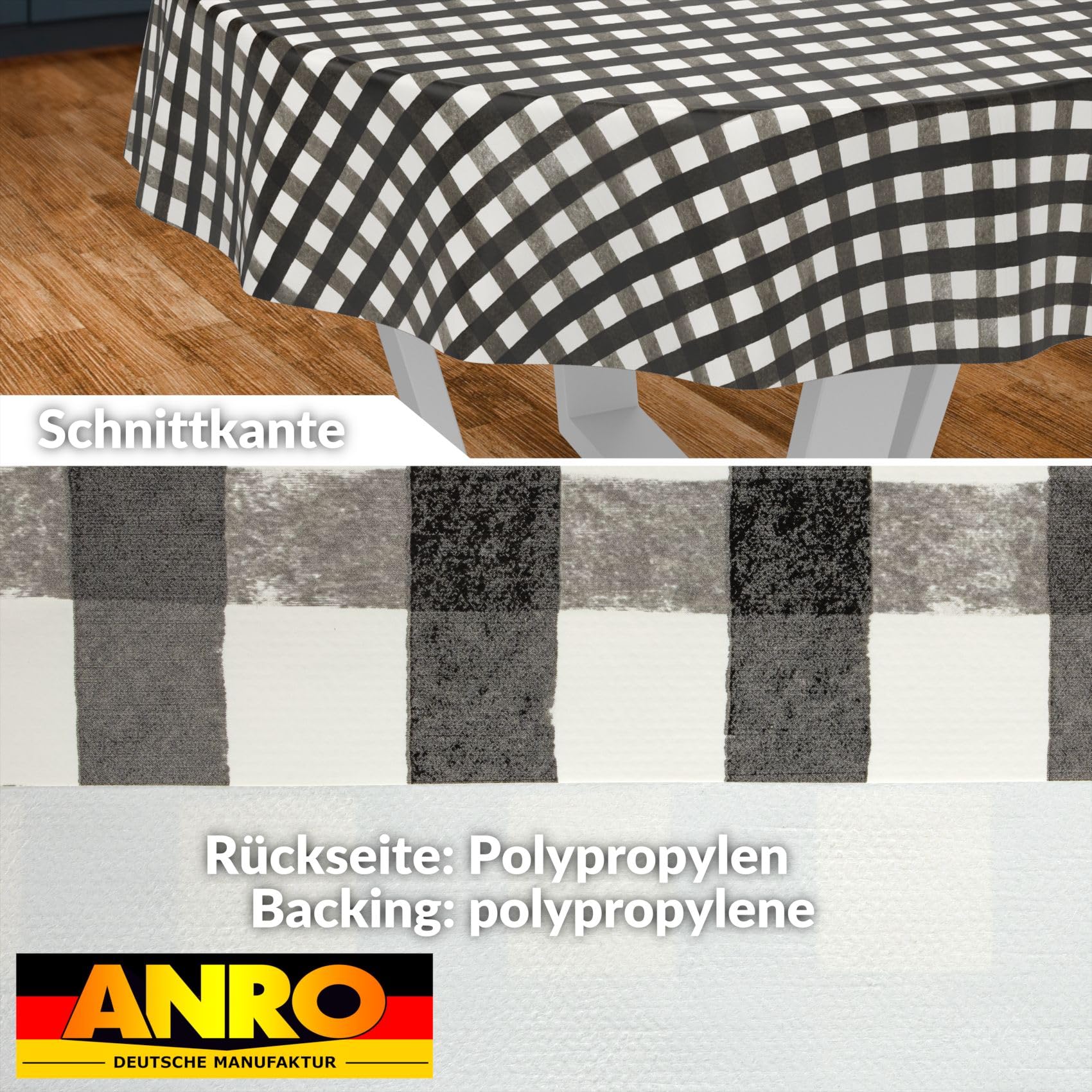 ANRO Oilcloth Tablecloth, Washable, Oilcloth, Garden Tablecloth, Outdoor, Indoor, Round, 140 cm, Cut Edge, Chequered, Black - Image 2