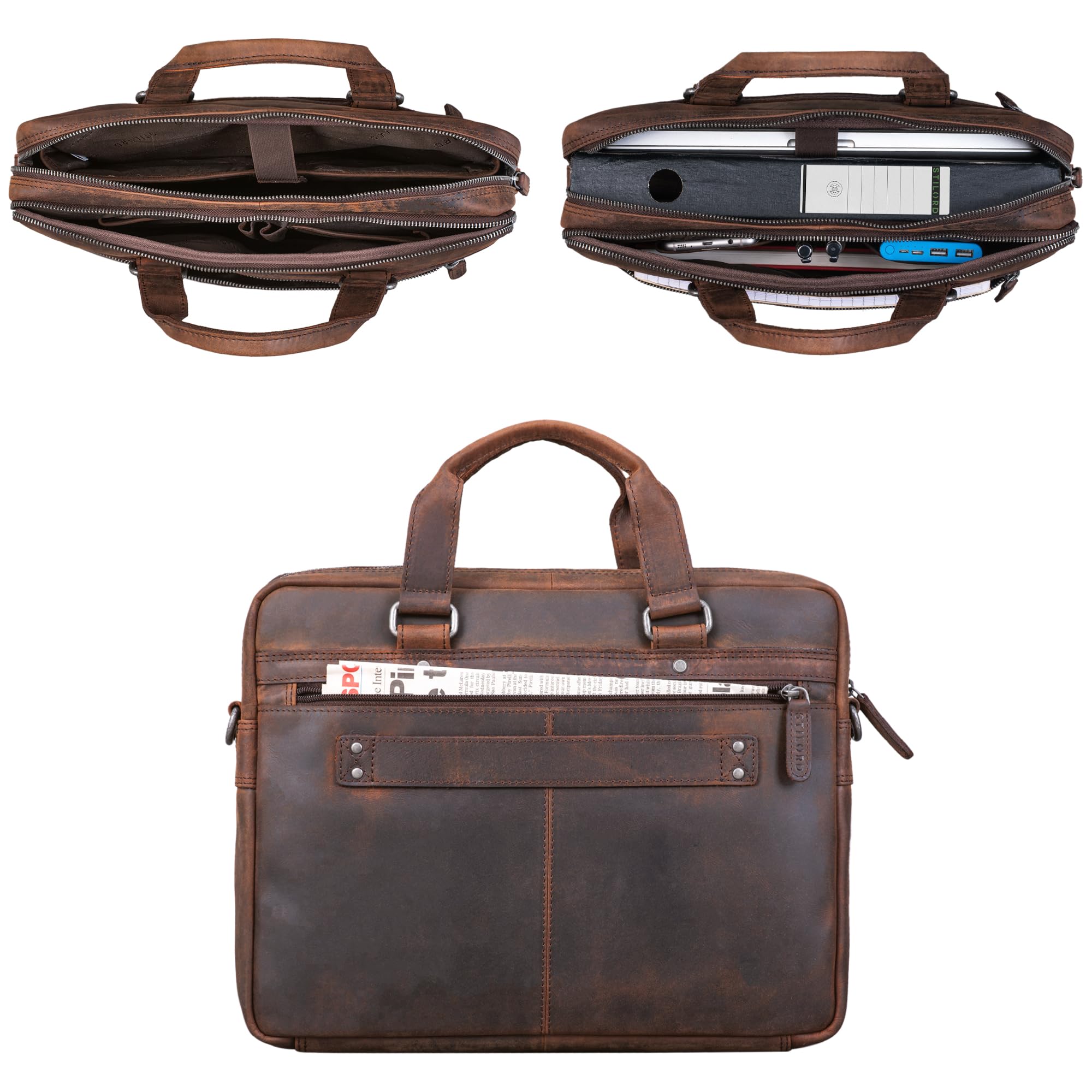 STILORD Brayson Serviette Porte Documents Cuir Sac Business Ordinateur pour MacBooks de 16 Pouces Sac de Travail Sac à Bandoulière Mallette Cuir Véritable Couleur:Noir