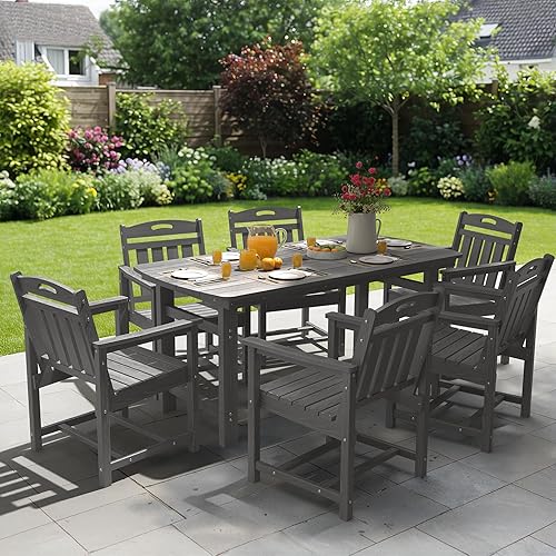 Miniatura 2 de Juego de comedor de patio al aire libre de HDPE con mesa y 6 sillas, juego de mesa y sillas de 7 piezas para todo clima, agujero para sombrilla de 2