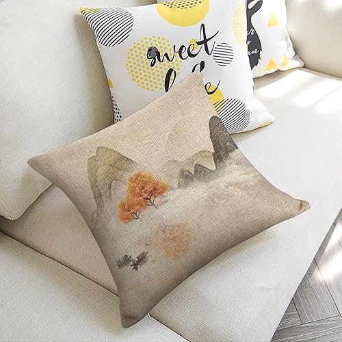 Miniatura 5 de Chinoiserie - Fundas de almohada de pintura de paisaje de tinta de concepción artística de 18 x 18 pulgadas, fundas de almohada vintage con flores,