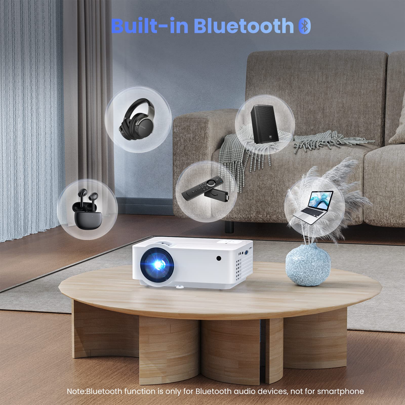 HOPVISION Proiettore, Nativo 1080P Proiettore 4K Mini Proiettore 9500 Lumens Multimedia Home Cinema Bluetooth 5.1 con schermo da 100" compatibile con HDMI, USB, AV, Smartphone, Computer portatile