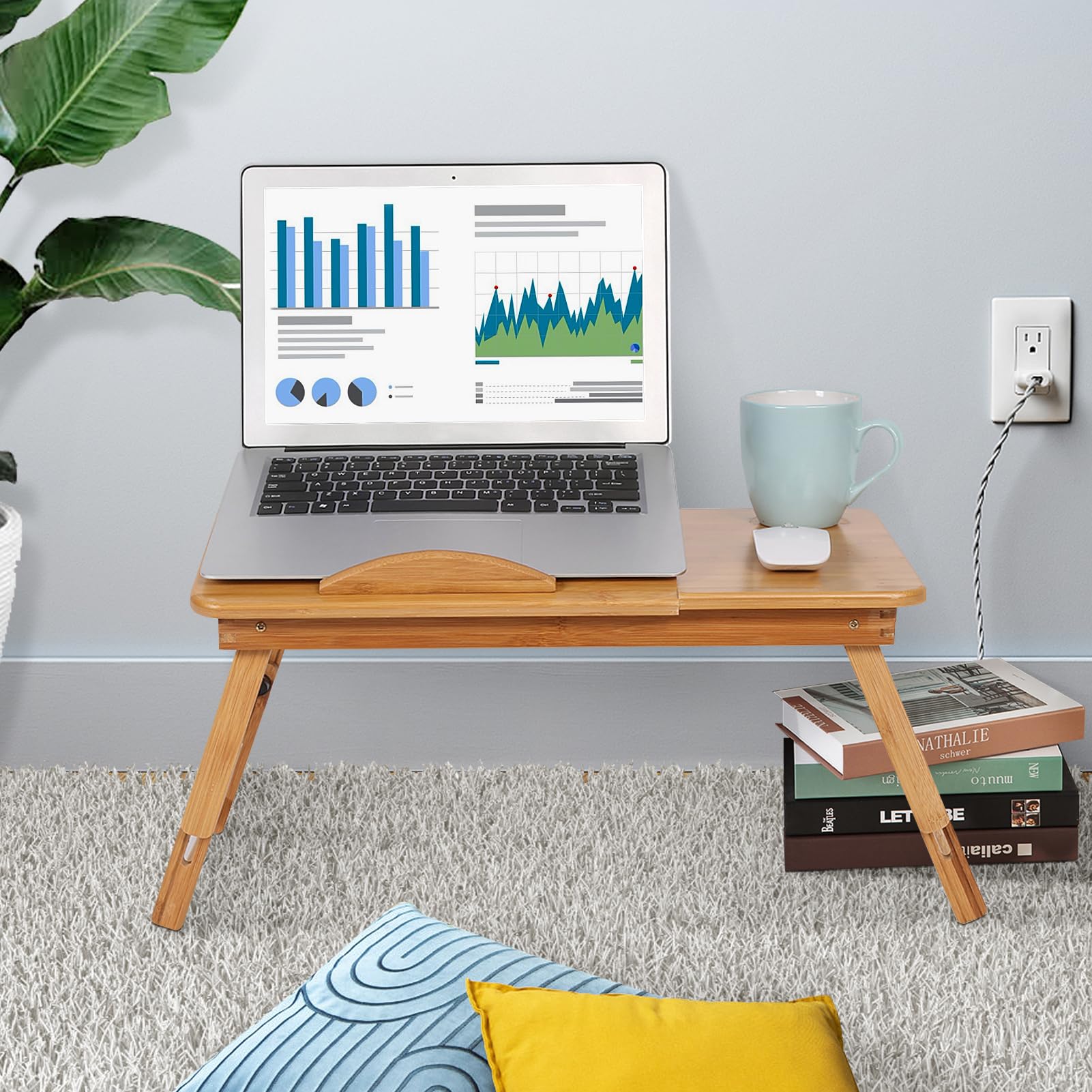Mesa auxiliar Laptoptisch para ordenador portátil, mesa de bambú con cajón, soporte para ordenador portátil, altura regulable, bandeja para la cama para leer, desayuno, mesa de comedor, mesa de