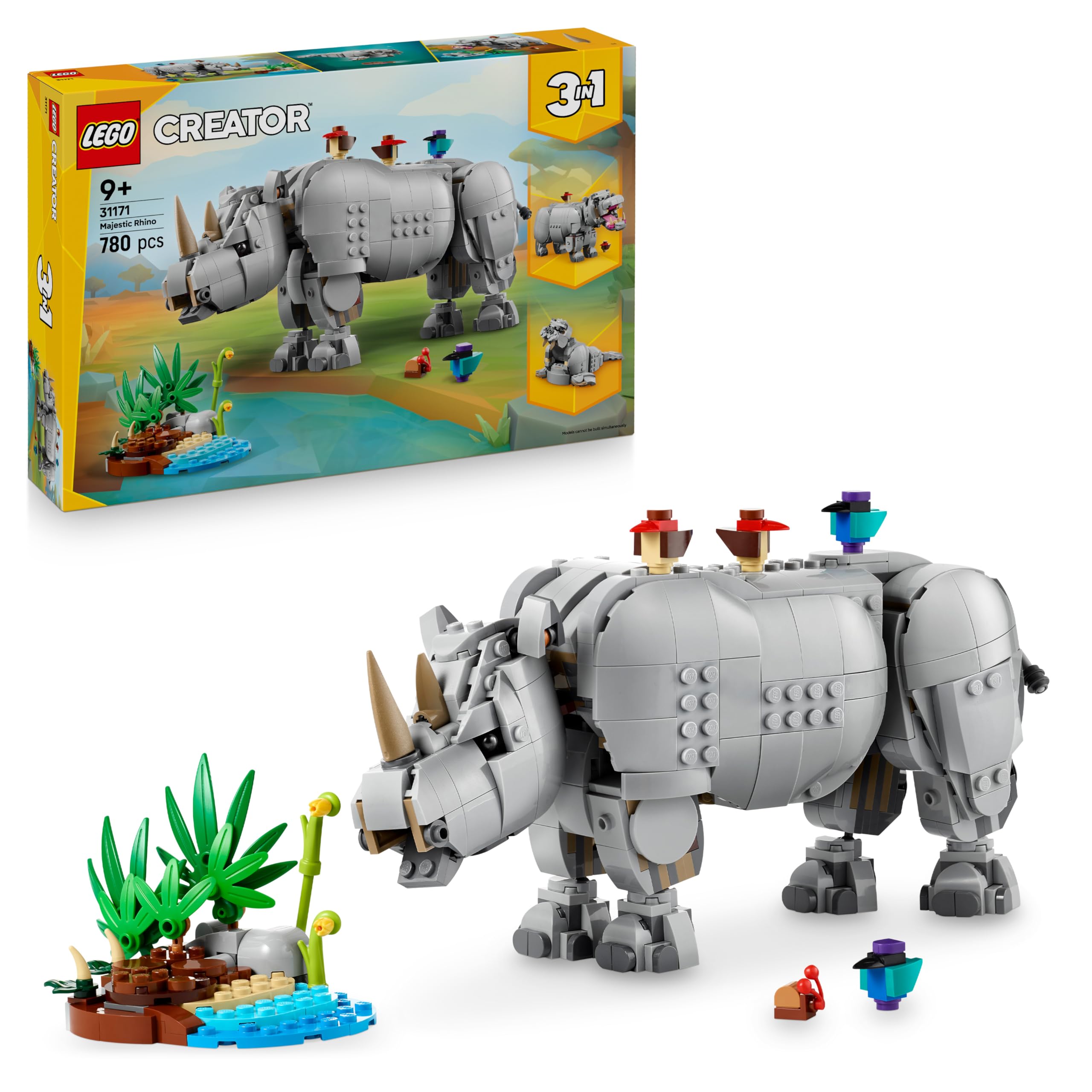 Lego Creator 3In1 Wild Animals: Majestic Rhino With Birds Toy Playset 31171 For 9+ Gift For Boys And Girls