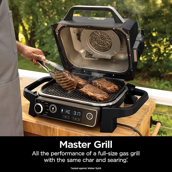 Ninja OG701 Woodfire Outdoor Grill, 7-in-1 Master Grill, BBQ Smoker, Outdoor Air Fryer plus Bake, Roast, Dehydrate, Broil, Woodfire Technology, uses Ninja Woodfire Pellets, Weather-resistant, Grey