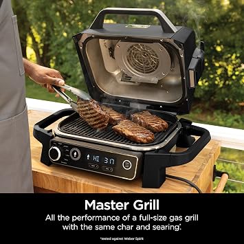 Ninja OG701 Woodfire Outdoor Grill, 7-in-1 Master Grill, BBQ Smoker, Outdoor Air Fryer plus Bake, Roast, Dehydrate, Broil, Woodfire Technology, uses Ninja Woodfire Pellets, Weather-resistant, Grey