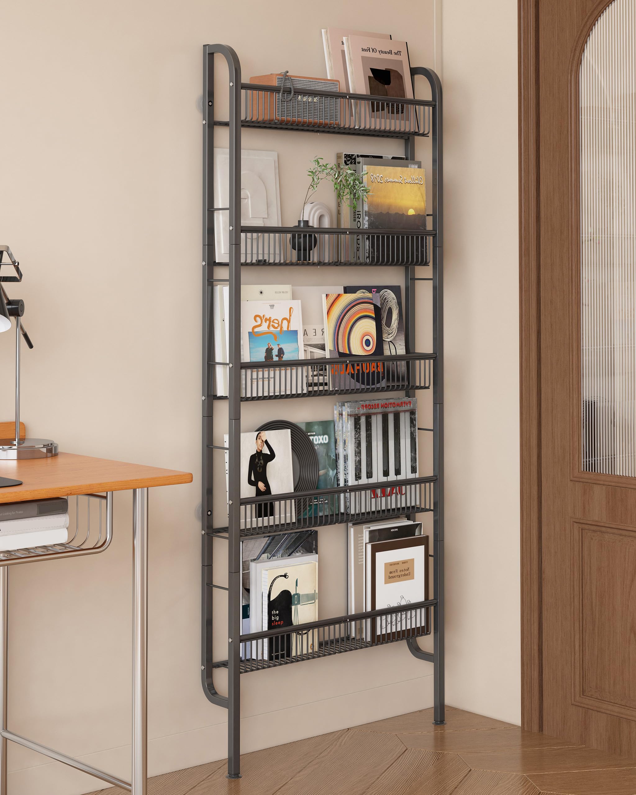 UMDONX Bücherregal gegen Wand, schmales 5 etagiges Metall Bücherregal, Leiterregal, multifunktional für Enge Räume, Schwarz（62 x 9 x 160 cm）