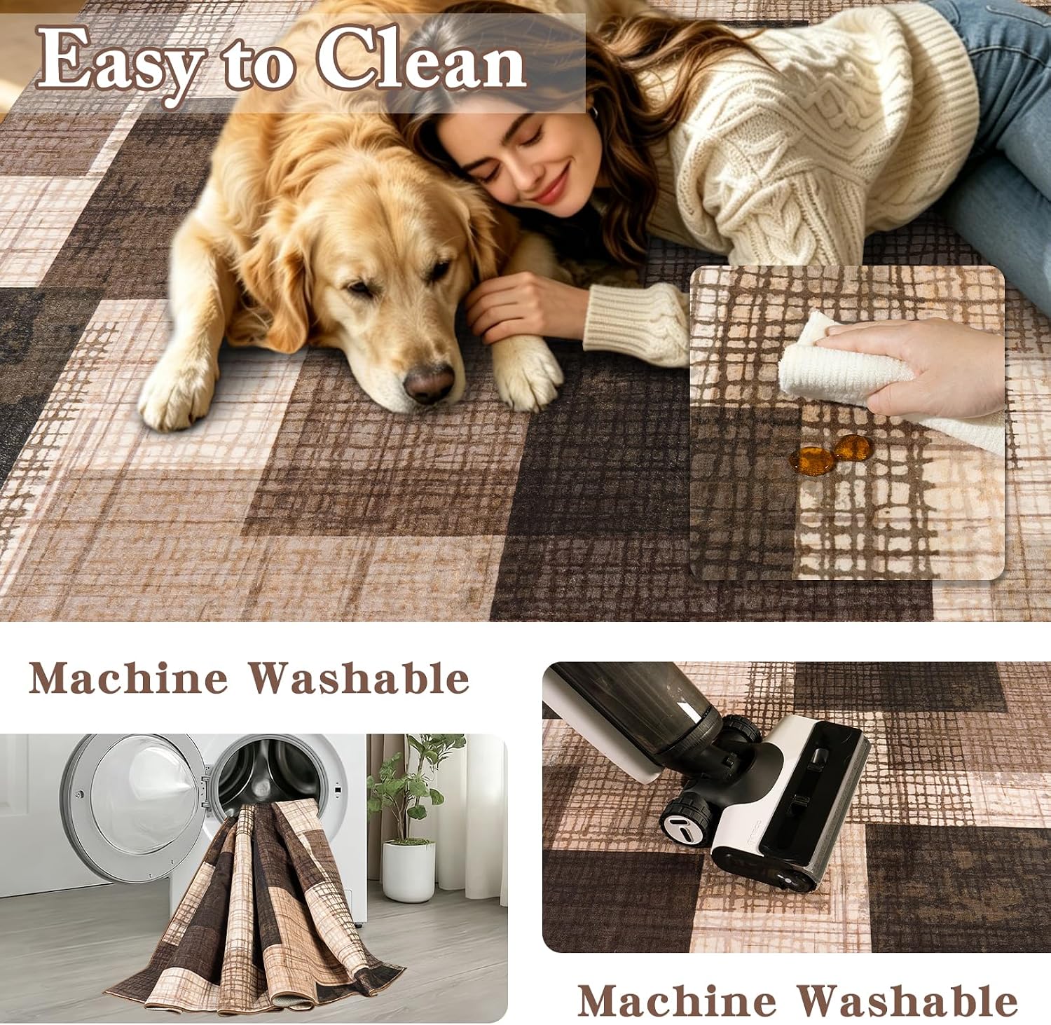 Modern Indoor Area Rug for Living Room, 8x10 Large Low Pile Geometric Patchwork Rug for Bedroom, Dining Room, Office, Hardwood Floors Home Decor, Non-Slip Faux Wool Machine Washable Area Rugs, Brown