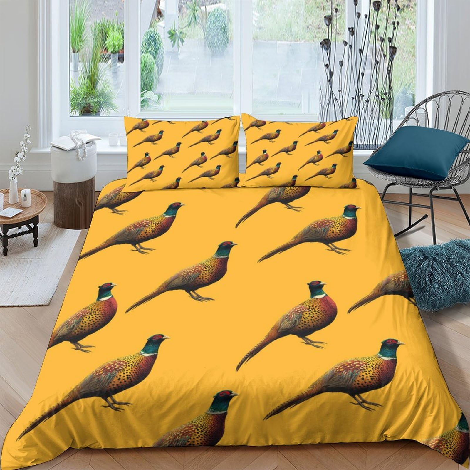 Ctjqhvkz Style-8 3D Printed Pheasant Bird Pattern Fitted Sheet Microfiber Yellow Mattress Cover Bedroom Decor Easy Care Single（135X200cm）