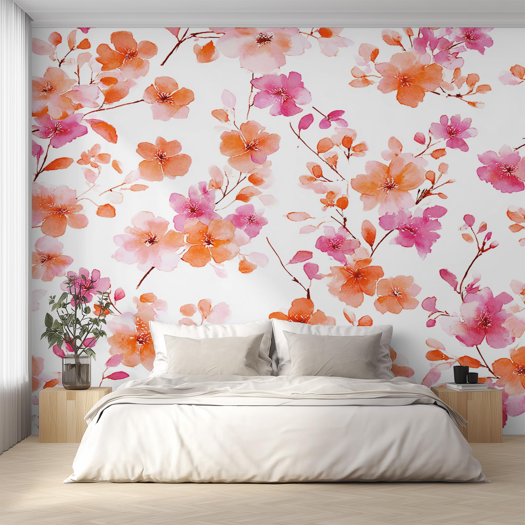 Papier peint floral pêche et rose décoration murale salon
