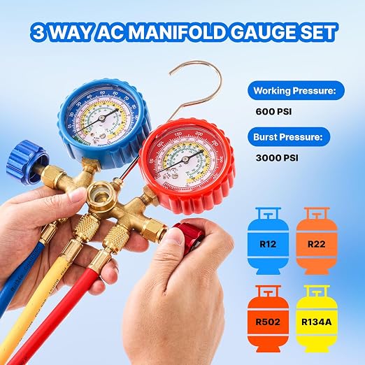 Manómetro múltiple 3 vías para aire acondicionado R134A miniatura 2