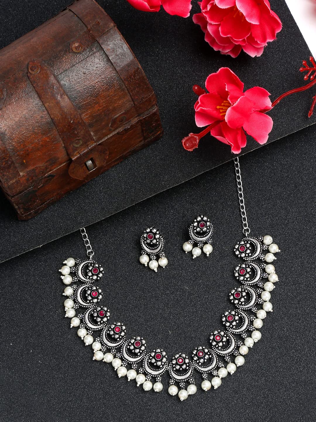 Oxidised Silver Necklace and Earrings Set